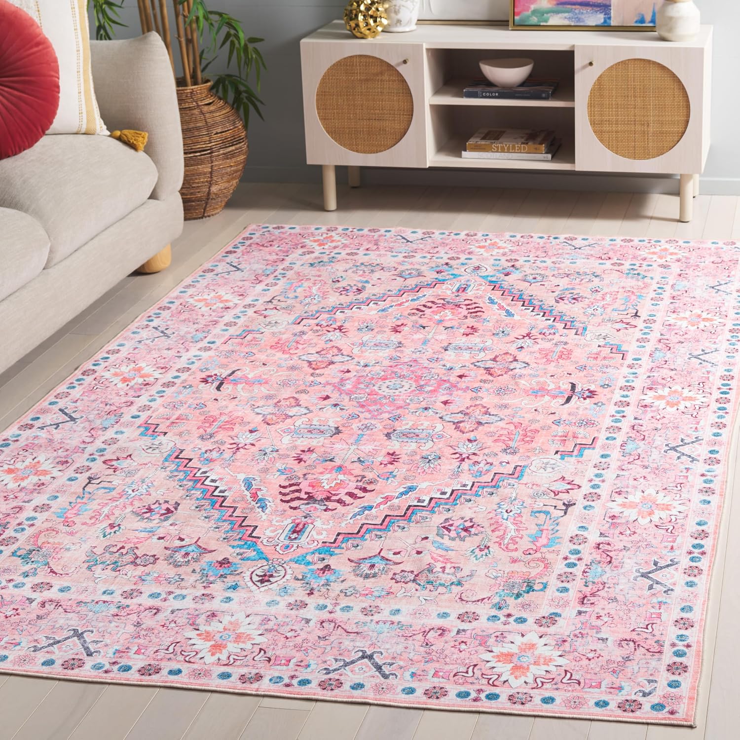 SAFAVIEH Washable Rug Arizona Collection - 6' x 9', Beige & Pink, Slip Resistant & Easy to Clean, Ideal for Living Room, Bedroom, Home Office, Dining Space (ARZ315B)