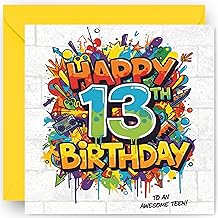 13th Birthday Card Gift for Boys and Girls – Graffiti Style Design - Happy 13 Years Old Official Teenager Greeting Card – with Vibrant Yellow Envelope - Size 14cm