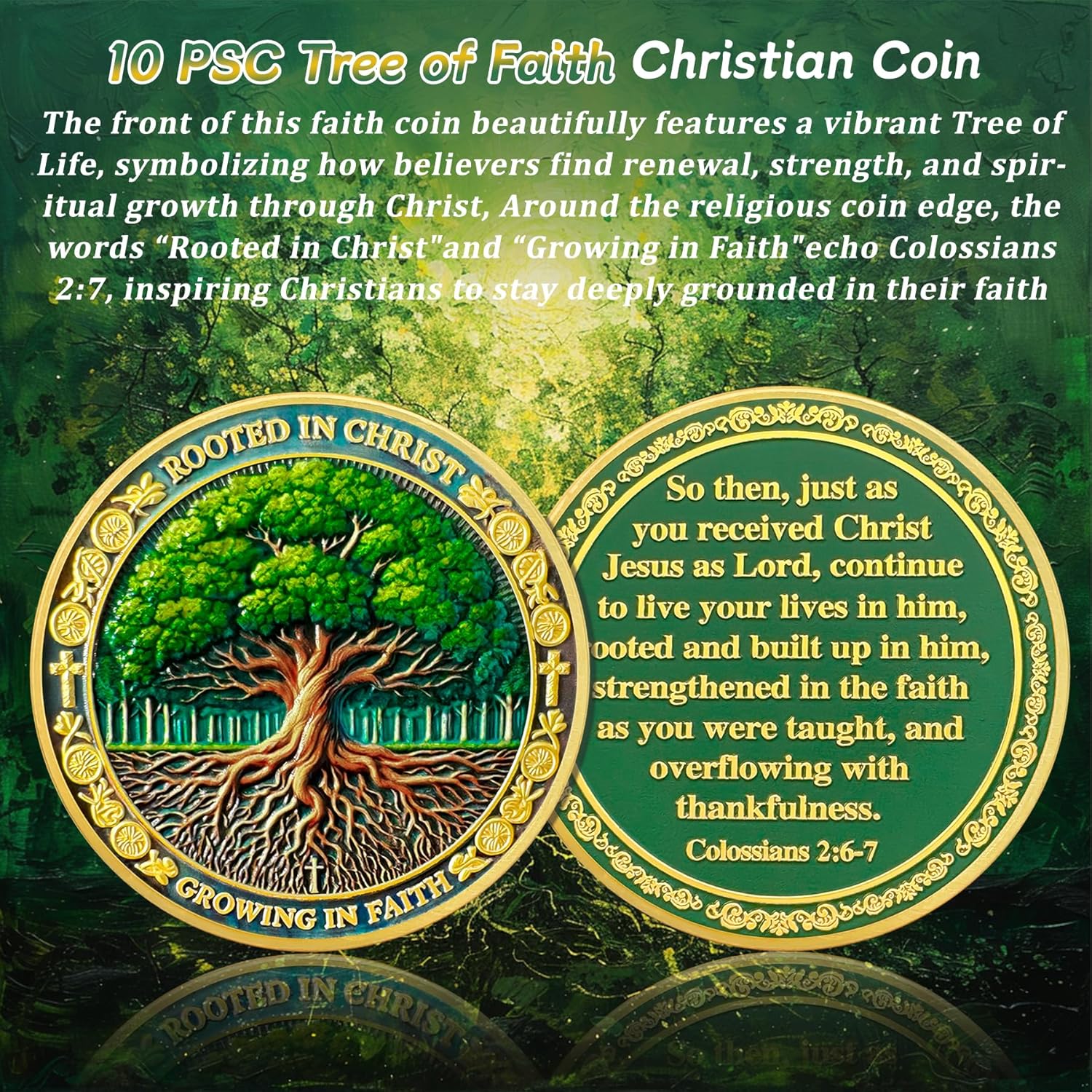 10PCS Tree of Faith Christian Challenge Coin - Colossians 2:6-7 Jesus Religious Token - Rooted in Christ God Pocket Bible Verses Chip for Study - Good Luck Commemorative Gifts for Men Women Kids