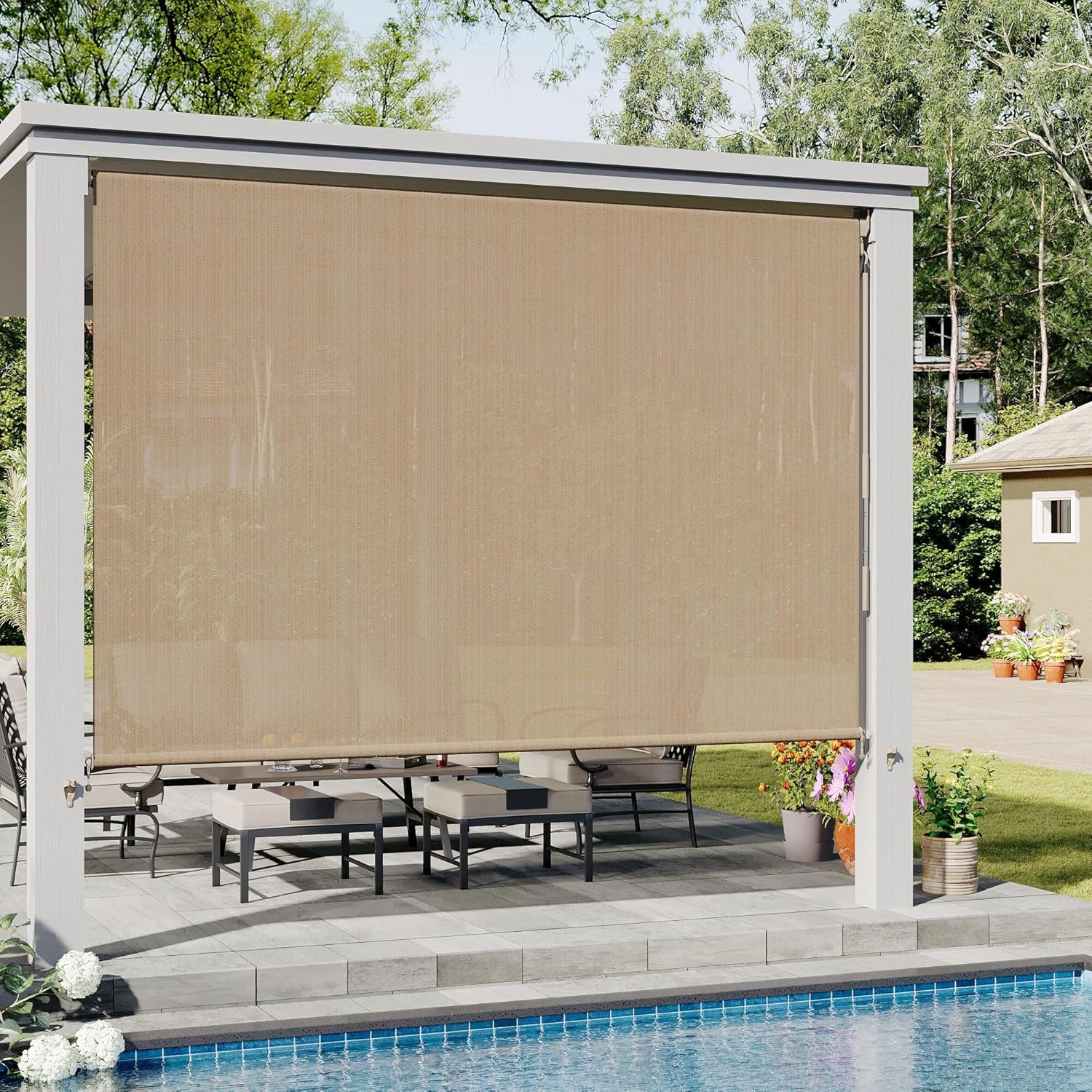 VICLLAX Outdoor Roller Shade (10' W×8' L), Patio Cordless Roller Blinds, Exterior Roll Up Shade with Spliced Design for Patio Porch Gazebo, Wheat