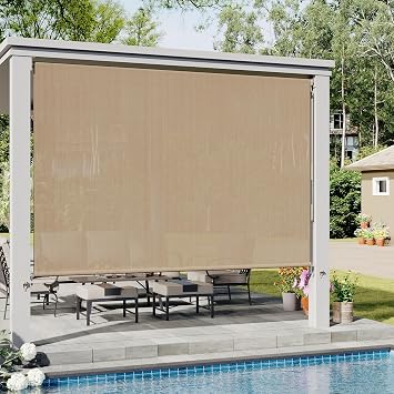VICLLAX Outdoor Roller Shade with Spliced Design, Patio Cordless Roller Blinds, 7 W8 L Exterior Roll Up Shade for Patio Porch Gazebo, Wheat