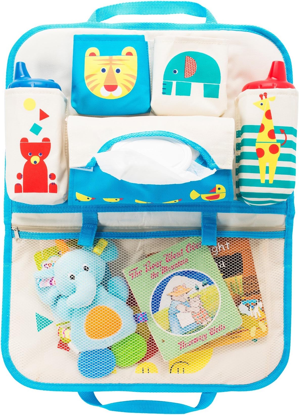 Car Backseat Organizer For Babies, Kids, Toddlers' Toys, Books, Snacks - Insulated Drink Holders, Tissue holder, Wide Mesh Storage for Ipad &Tablet - 16"X20"