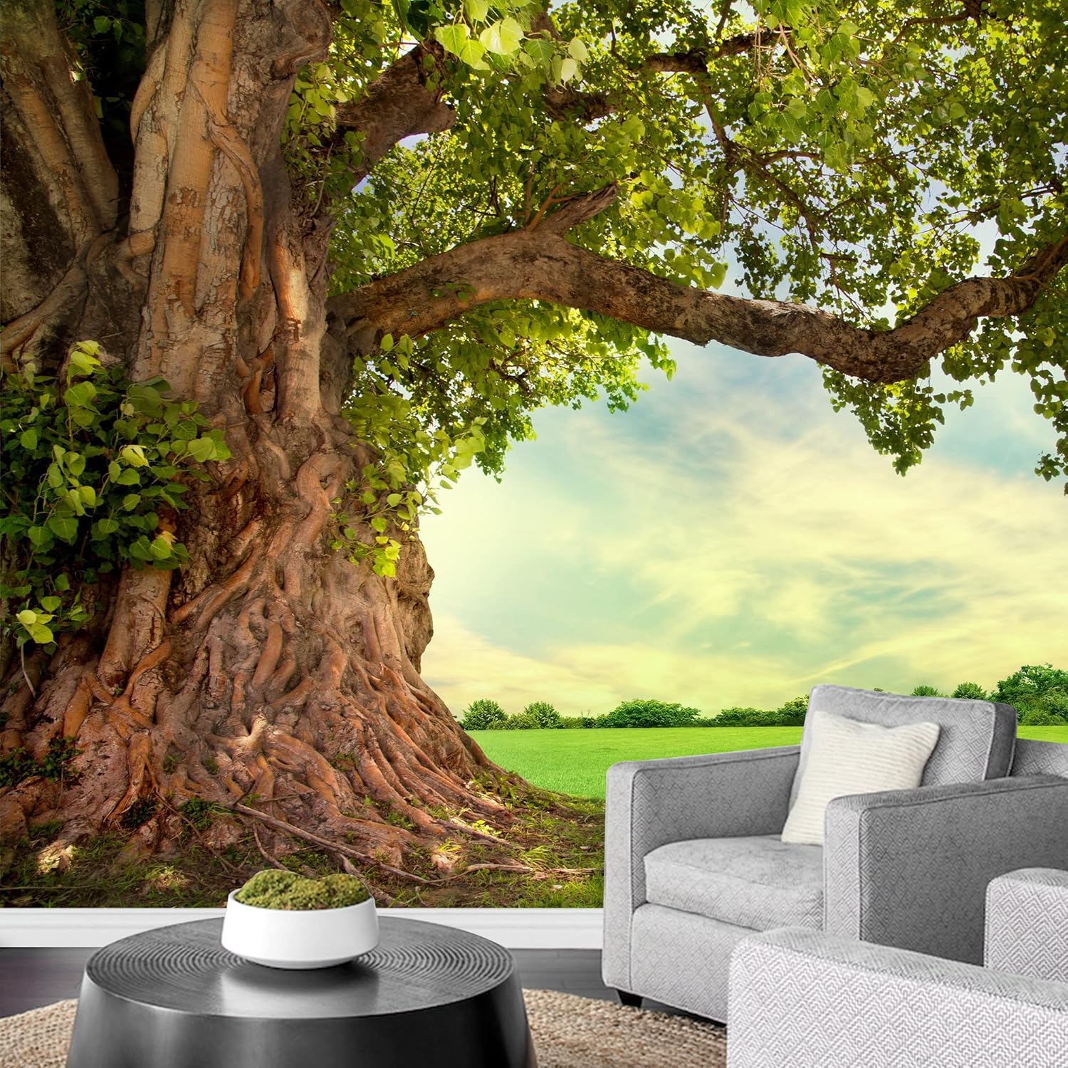 wall26 - Spring Meadow with Big Tree with Fresh Green Leaves Removable Wall Mural Self-Adhesive Large Wallpaper - 100x144 inches