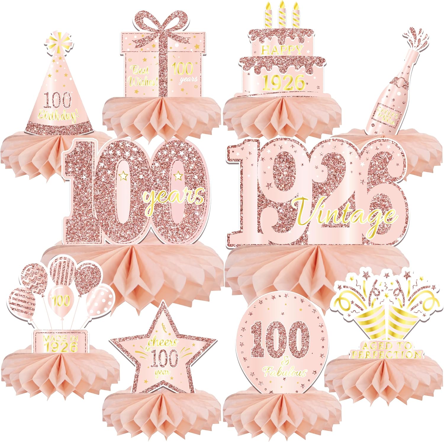 10PCS 90th Birthday Decorations Centerpieces for Table Decorations, 2026 Vintage 1936 Honeycomb Table Topper Gold in 1936 Birthday Party Decoration for Women (Rose Gold & Gold, 90 Years)