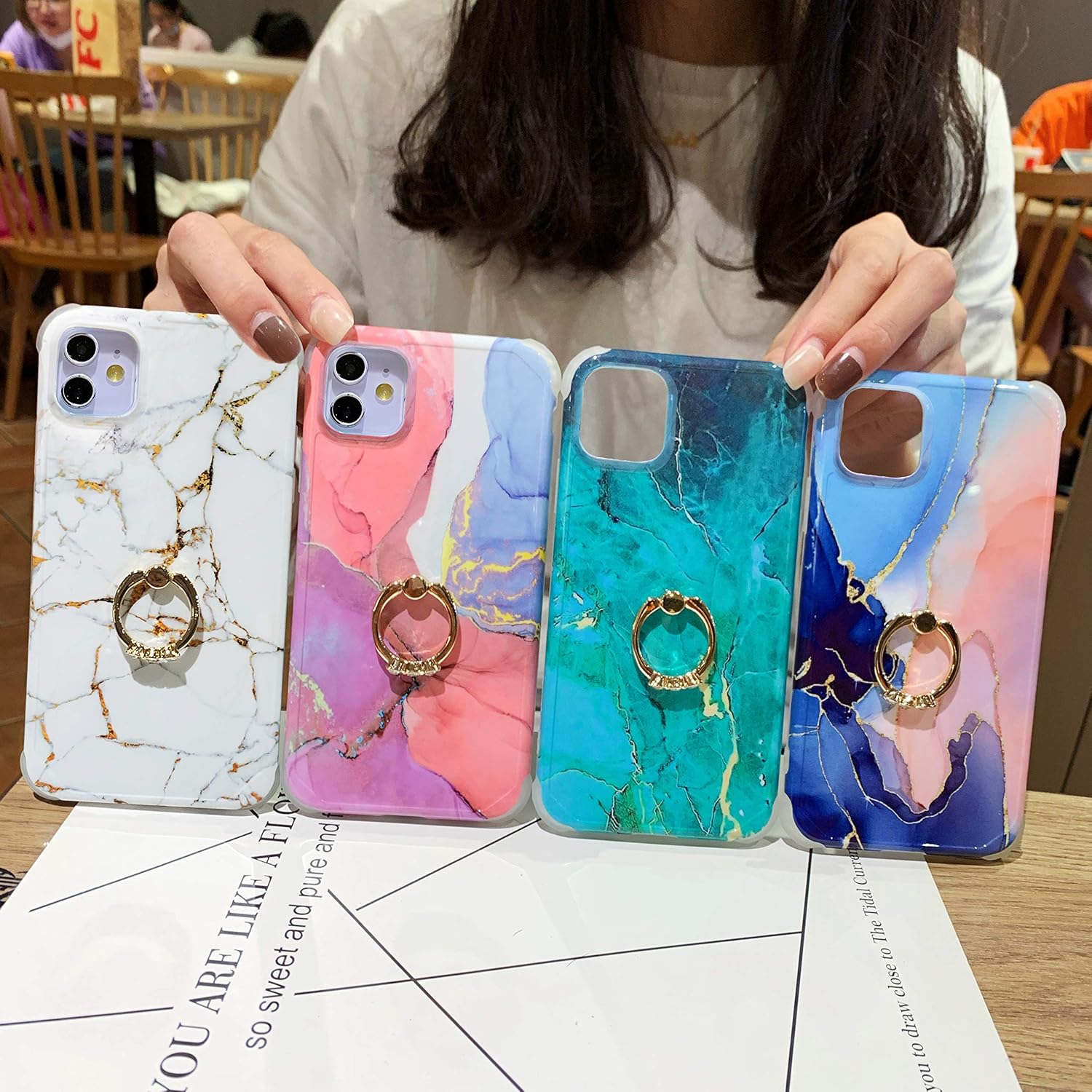 Anynve Compatible with iPhone 11 Case, Marble Case with 360 Degree Ring Kickstand Holder, [Reinforced Raised Corners & Shockproof Hard Back] Soft TPU Bumper Case [6.1 inch] -Gold Blue
