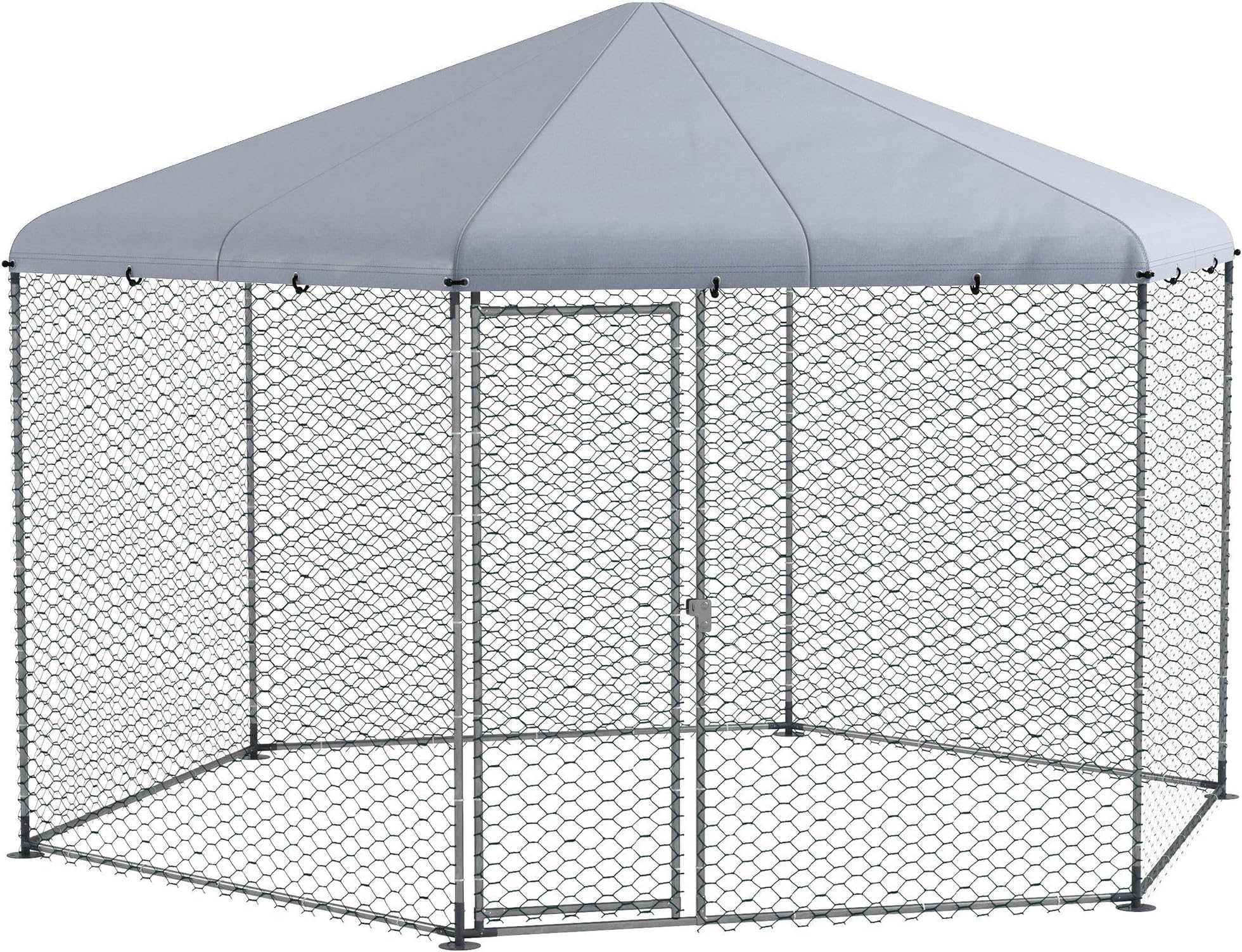 PawHut Walk in Chicken Run Chicken Coop Galvanised Outdoor Poultry Cage w/Cover, for 10-15 Chickens, Hens, Rabbits, Ducks, 4 x 3.5 x 2.6m - Silver Tone