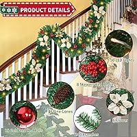 Vista 3 de JUNEBRUSHS Guirnalda de Navidad de 9 pies con luces, guirnalda decorativa con 50 luces LED, funciona con pilas, ratán verde artificial preiluminado