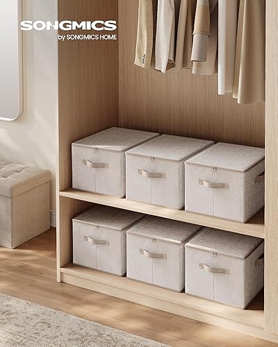SONGMICS Foldable Storage Organiser Boxes, Storage Basket Bins with Lids, Handles, Clothes Organiser, Non-Woven Fabric, Set of 3, 40 x 30 x 25 cm, Sand Beige RZB003K01 - 2