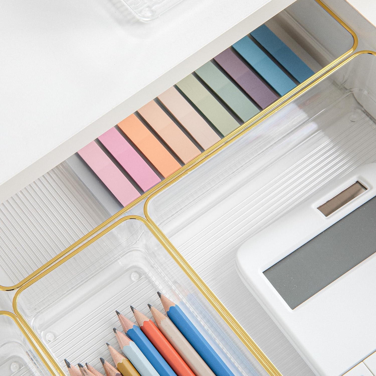 Martha Stewart Kerry Plastic Stackable Office Desk Drawer Organizers, Set of 5, with Gold Trim