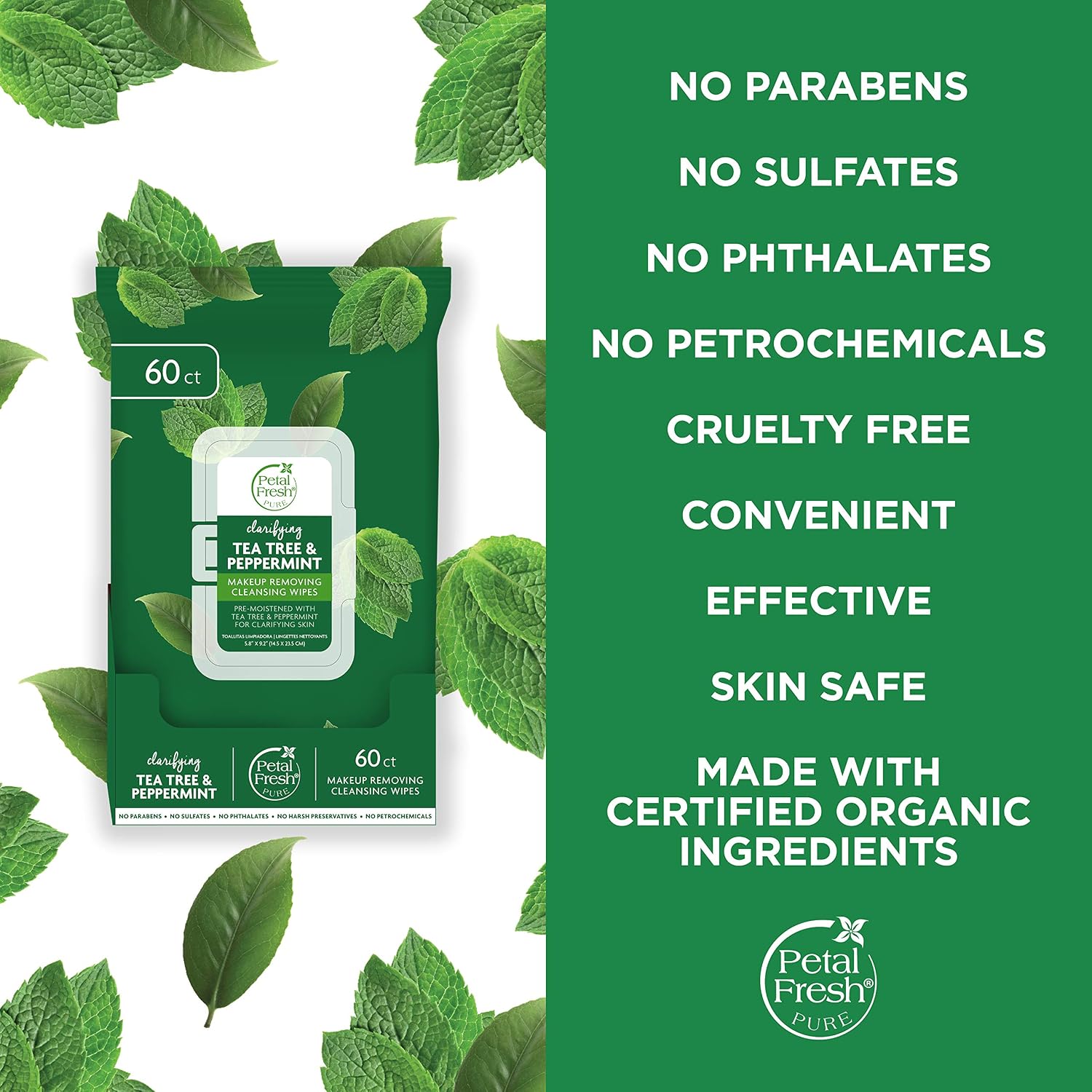 Petal Fresh Clarifying Tea Tree & Peppermint Makeup Removing, Cleansing Towelettes, Gentle Face Wipes, Daily Cleansing, Vegan and Cruelty Free, 60 count
