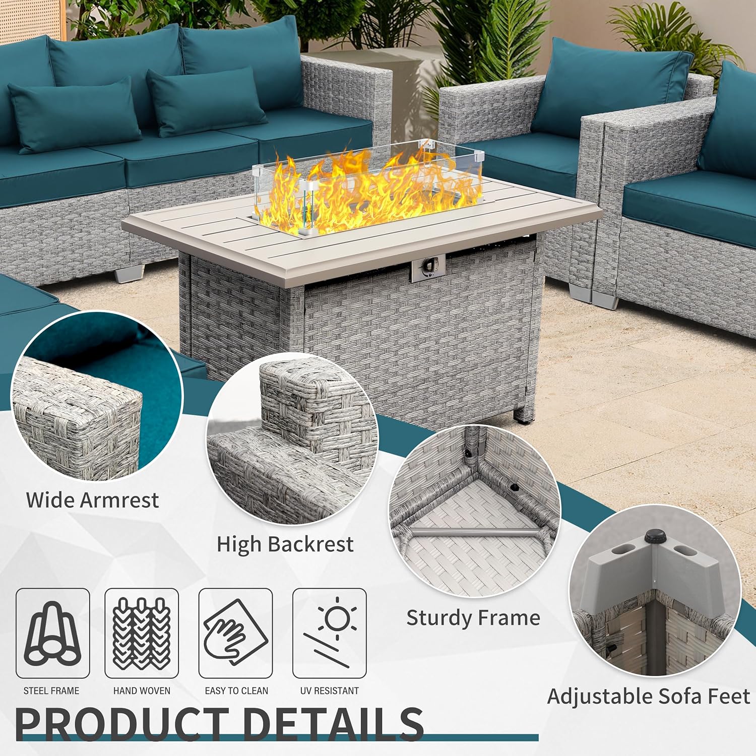 WAROOM Patio Furniture Set 6 Piece PE Rattan Outdoor Conversation Sets Grey Wicker Couch Sectional Sofa with Fire Pit Table and Peacock Blue Cushion