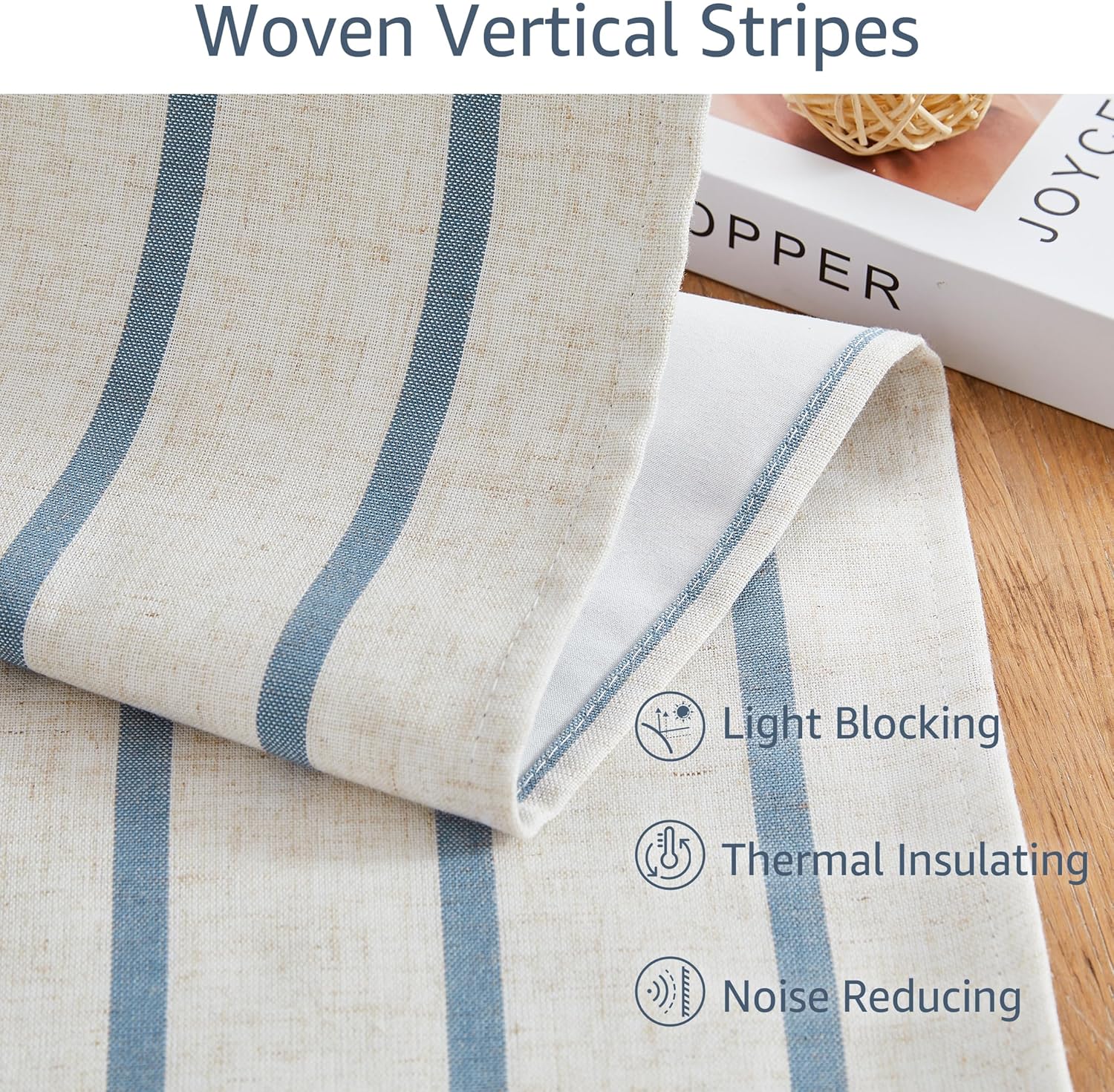 Dusty Blue Striped Blackout Curtain Panels 84 Inches Length,Woven Vertical Stripes on Beige Linen Blended Neutral Drapes,Rustic Thermal Insulated Bedroom Window Treatment,Grommet,40"Wx84"Lx2