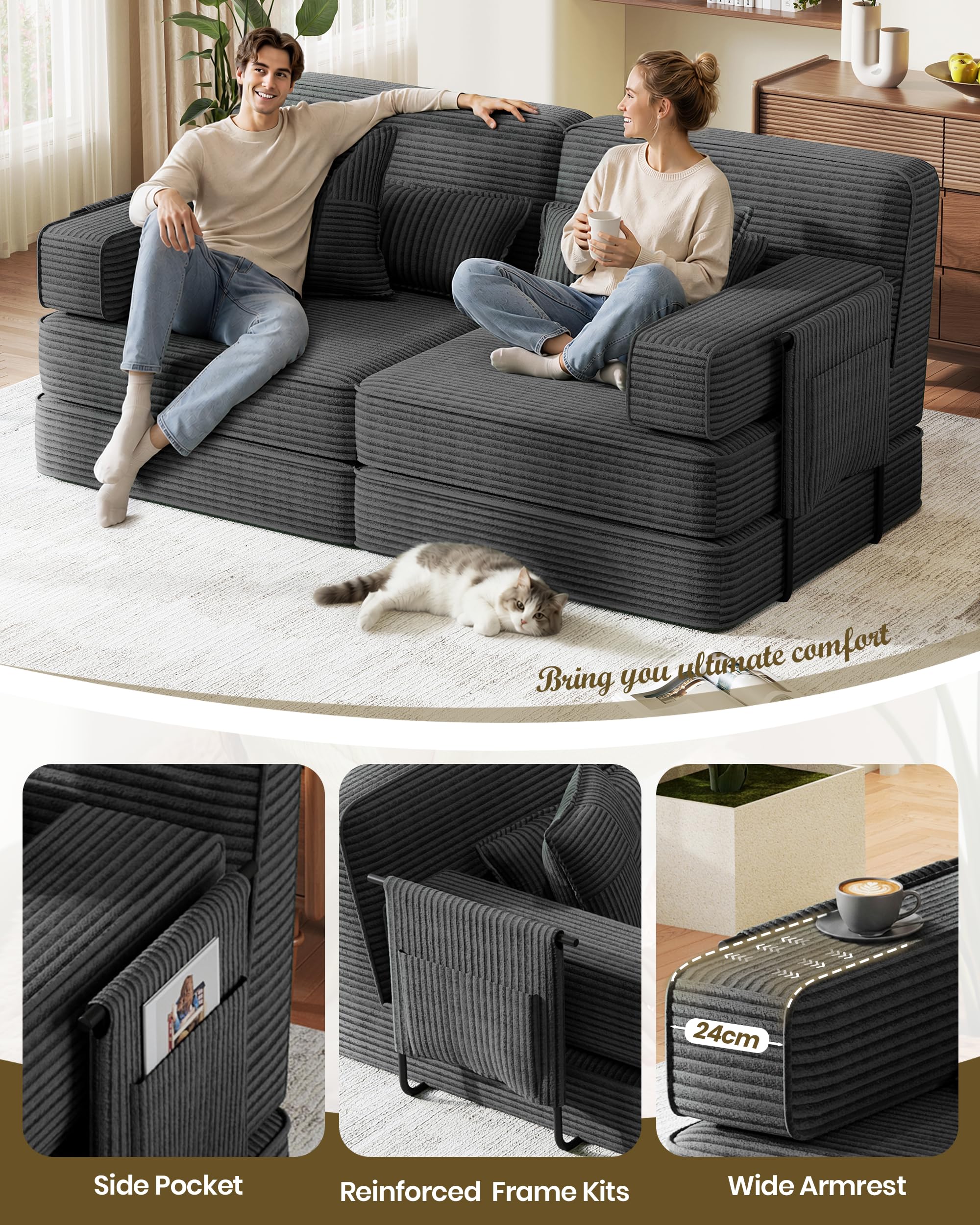 Sofá cama deshuesado, sofá modular convertible 5 en 1 de 190 cm, de pana, sin montaje, sofá cama doble plegable de 2 a 3 plazas con almacenamiento, 4 almohadas y marco de metal, futón de suelo para