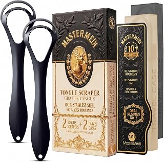MasterMedi Black Tongue Scraper with Cases (Spoon Shape, 2 Pack), Tongue Scrubber for Bad Breath Treatment, Easy to Use Tongue Scraper for Adults, Tongue Cleaner for Oral Care