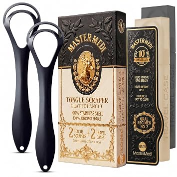 MasterMedi Black Tongue Scraper with Cases Spoon Shape, 2 Pack, Tongue Scrubber for Bad Breath Treatment, Easy to Use Tongue Scraper for Adults, Tongue Cleaner for Oral Care