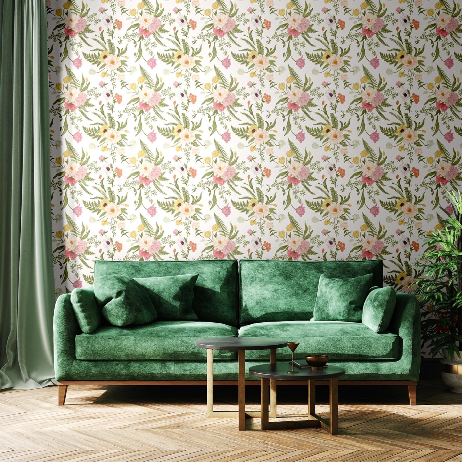 Blooming Wall DPYC53 Hand Draw Elegant Pastel Flowers and Leaf Peel and Stick Wallpaper Self-Adhesive Prepasted Wallpaper Wall Décor