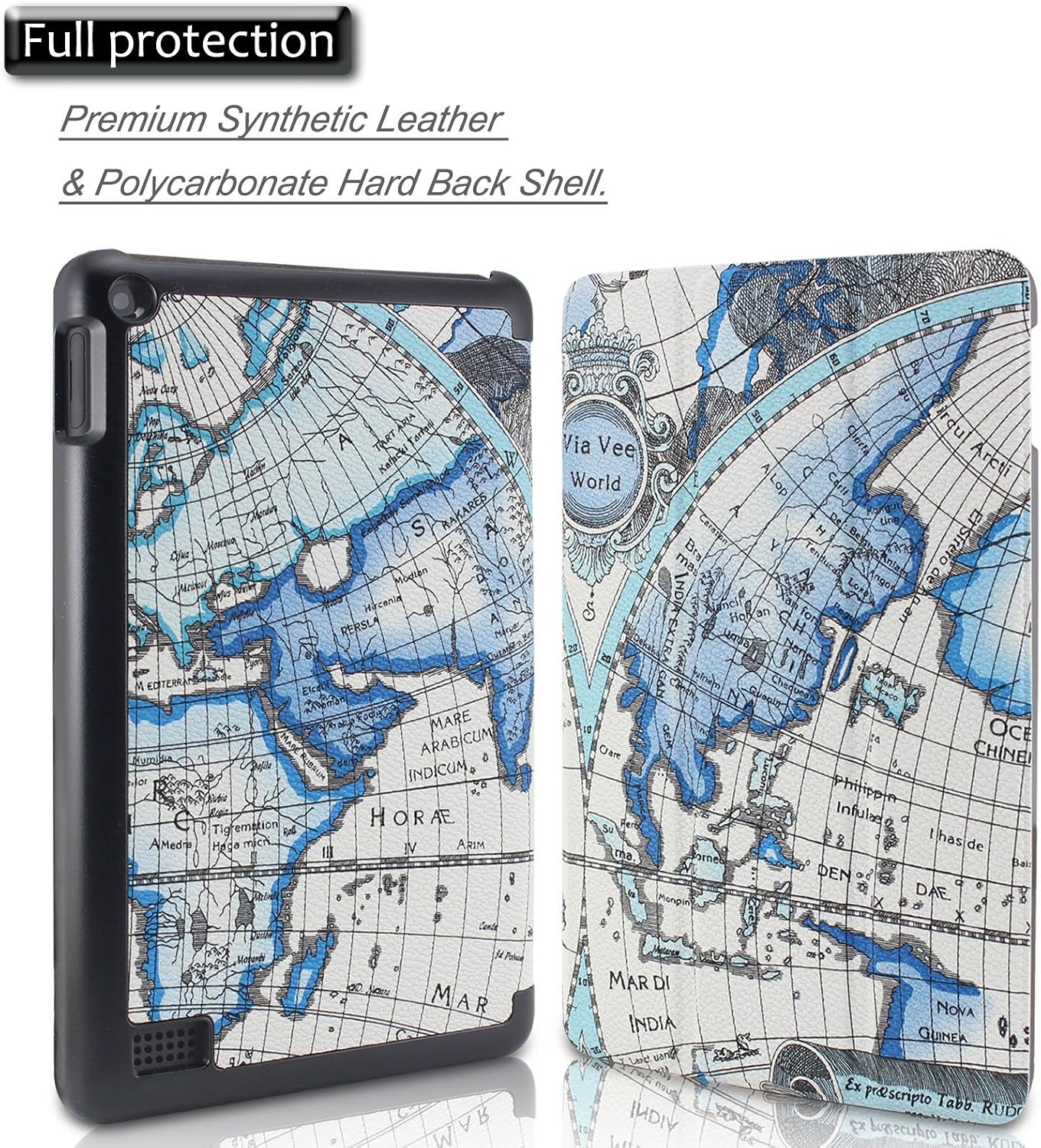 Infiland Fire 7 Shell Case - Ultra Slim Lightweight Tri-fold Stand Cover for Amazon Fire 7 Inch Tablet (Fire 7" Display 5th Generation - 2015 Release Only),Map Blue