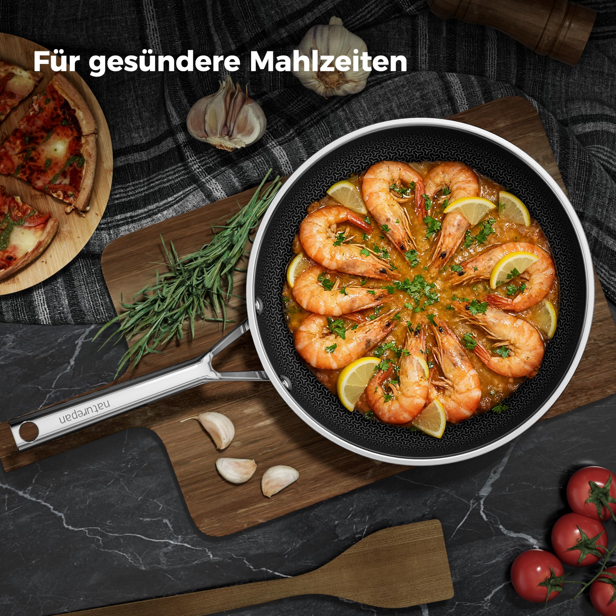 Edelstahlpfanne Pfannenset 2-teilig 24+28cm, DiamondTitan-Keramikbeschichtung, Antihaft Wabenpfanne, Pfanne induktion, Für alle Herdarten, Kühlbleibendem Griff, Spülmaschinenfest