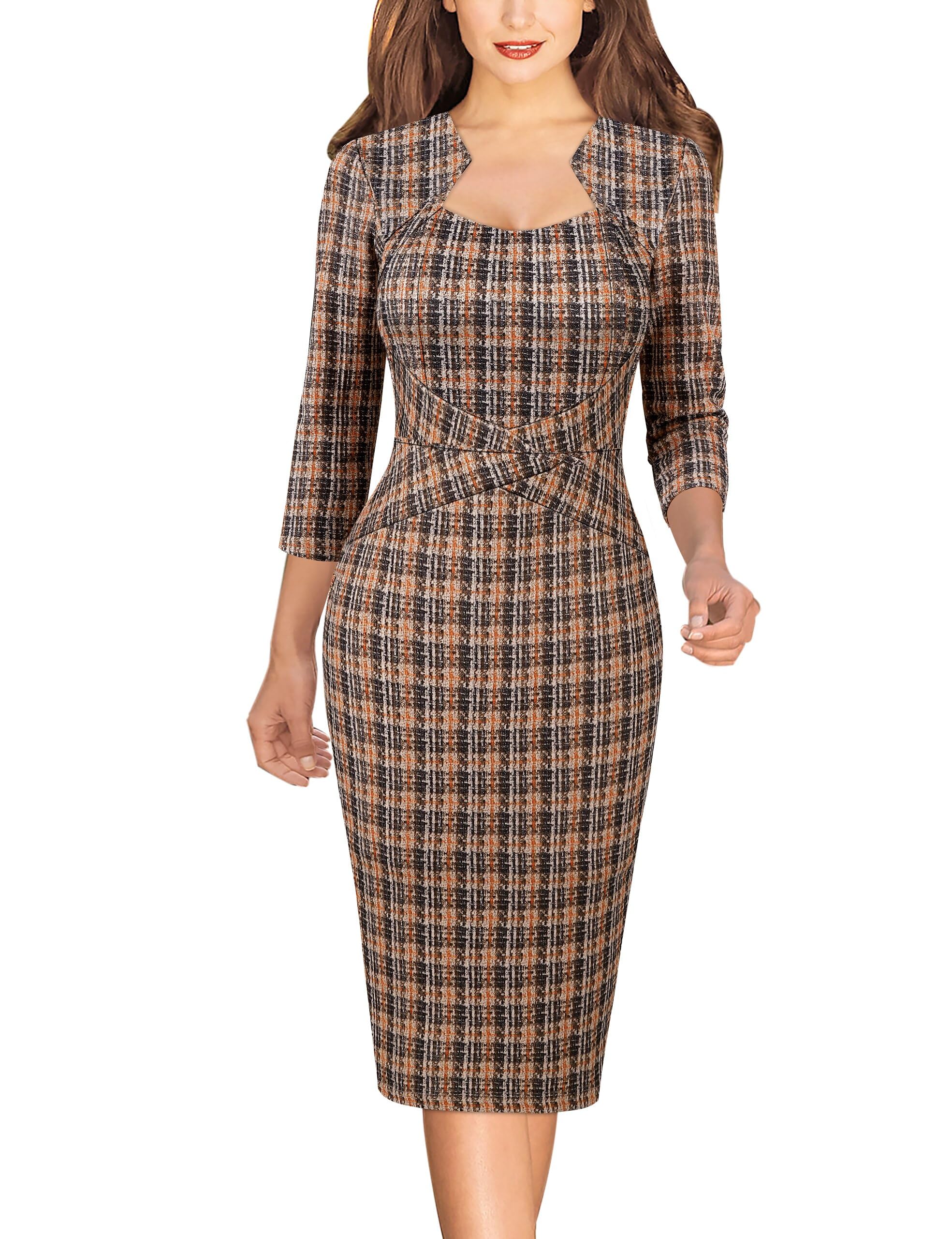 VFSHOW Womens Square Neck Work Office Business Bodycon Dress 1950s 3 4 Sleeve Elegant Tweed Slim Fitted Pencil