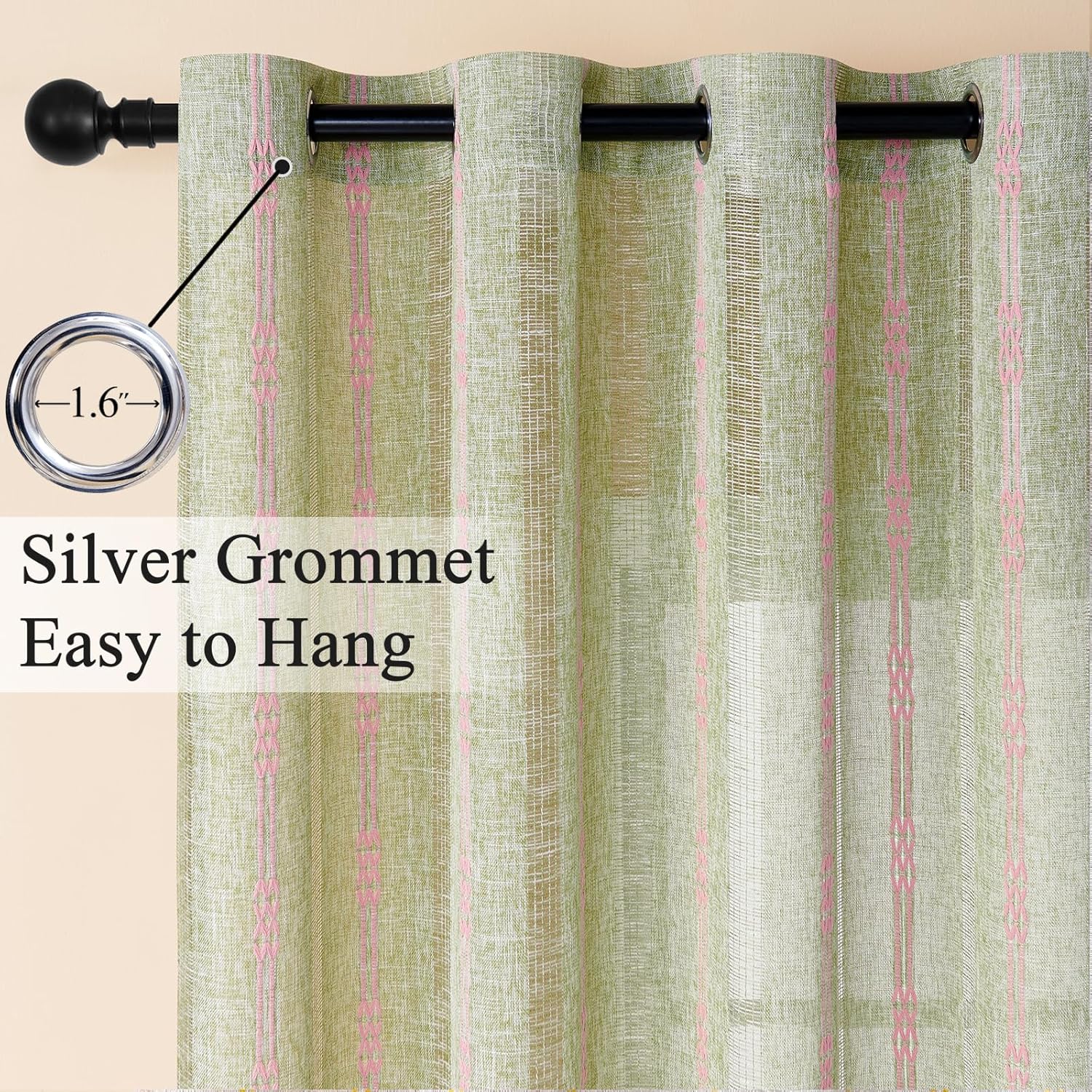 Estelar Textiler Boho Farmhouse Curtains for Living Room, Soft Linen Textured Embroidered Curtains for Bedroom, Light Filtering Grommet Semi Sheer Drapes, Sage Green, 52Wx72L, 2 Panels