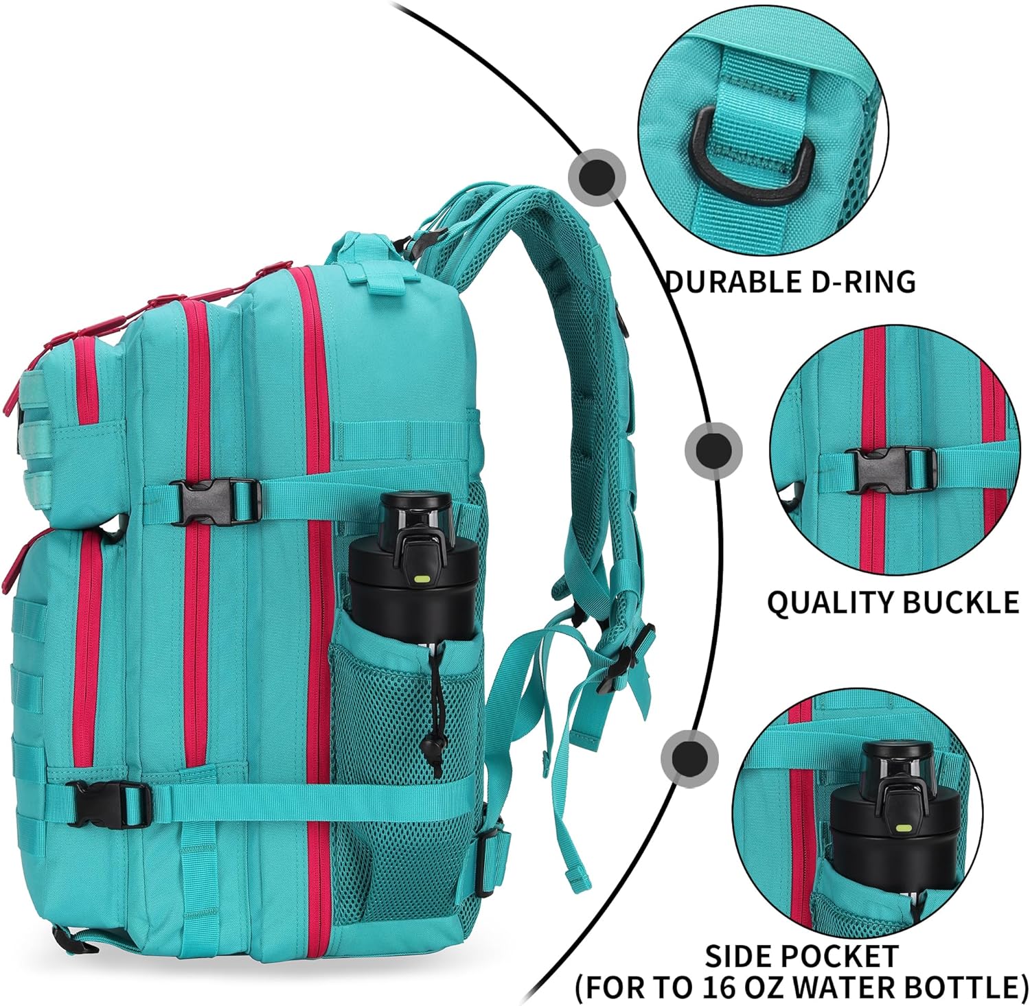 25L Tactical Military Backpack Small Travel Rucksack for Men and Women Assault Pack Bug Out Bag Molle Daypack Gym Backpack with Bottle Holder (Neon Teal) - Image 5