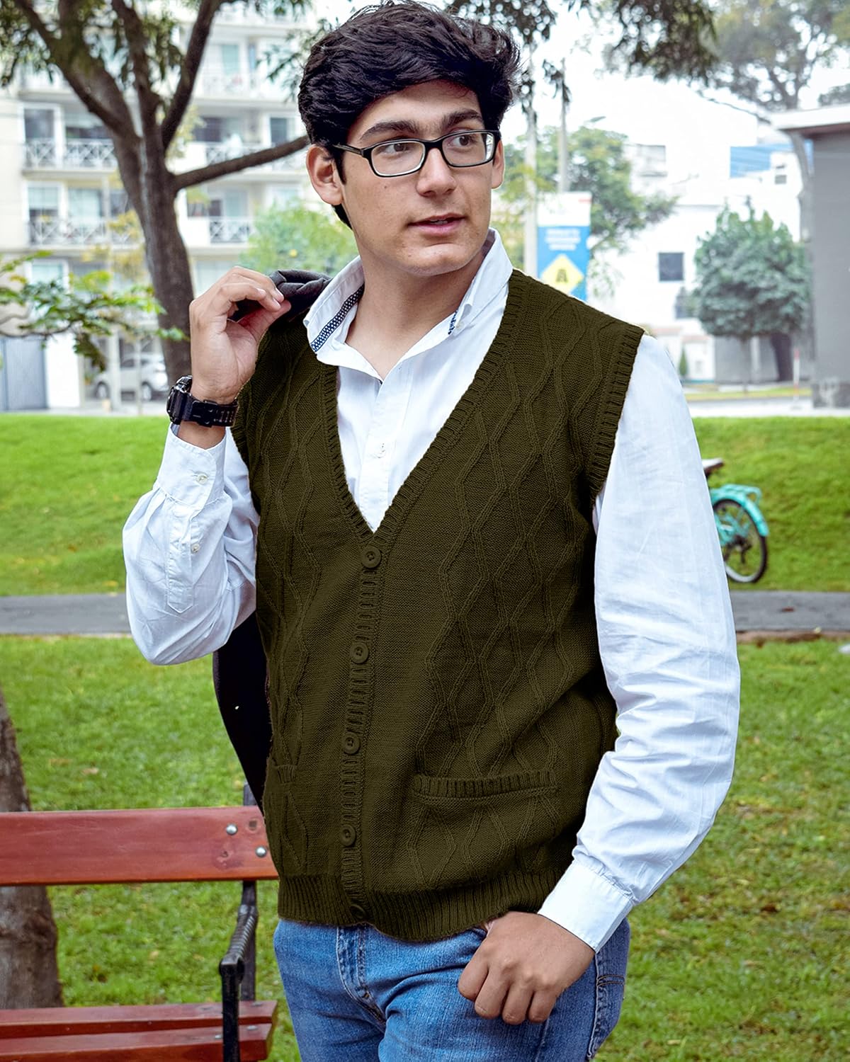 TINKUY Peru Men’s Alpaca Wool V Neck Argyle Cardigan Vest, S-4XL - Image 2