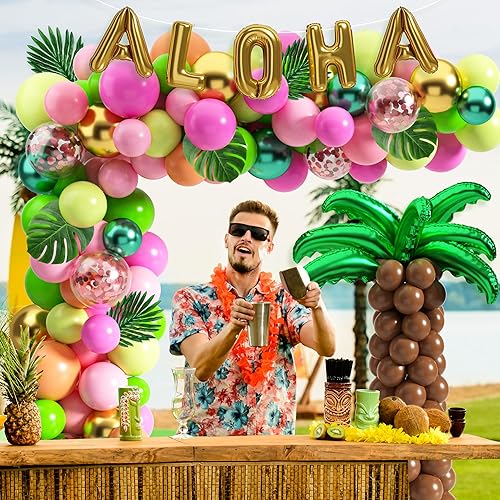 Miniatura 5 de Kit de guirnalda de arco de globos tropicales de Luau, decoraciones de fiesta con hojas de palma, flamenco, palmera, globos de aluminio Aloha,