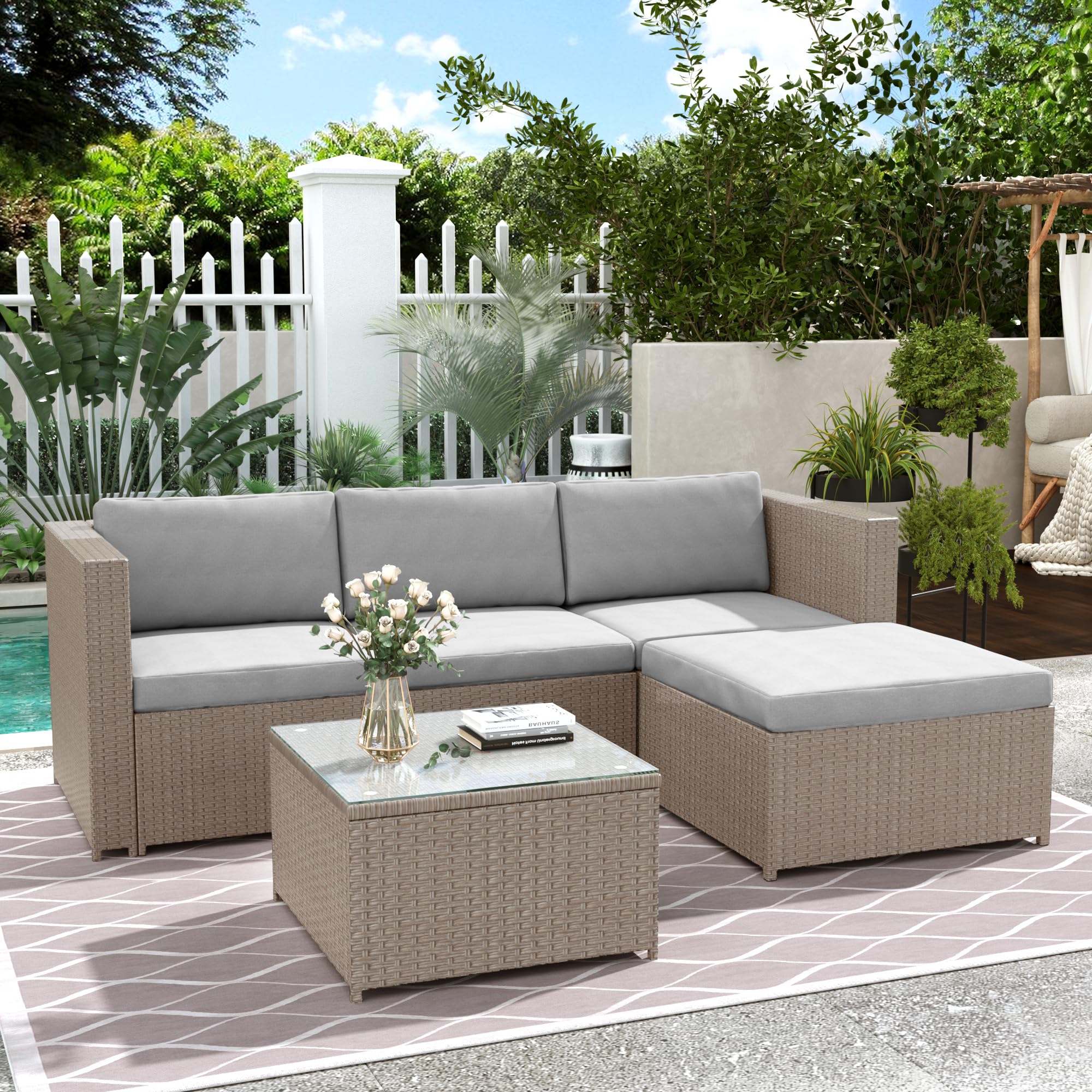 Ensembles de mobilier de terrasse, Salon de jardin en polyrotin, canapé d'angle modulable résistant aux intempéries, Ensemble de sièges en rotin tressé avec coussins et table basse pour cour (Kaki)