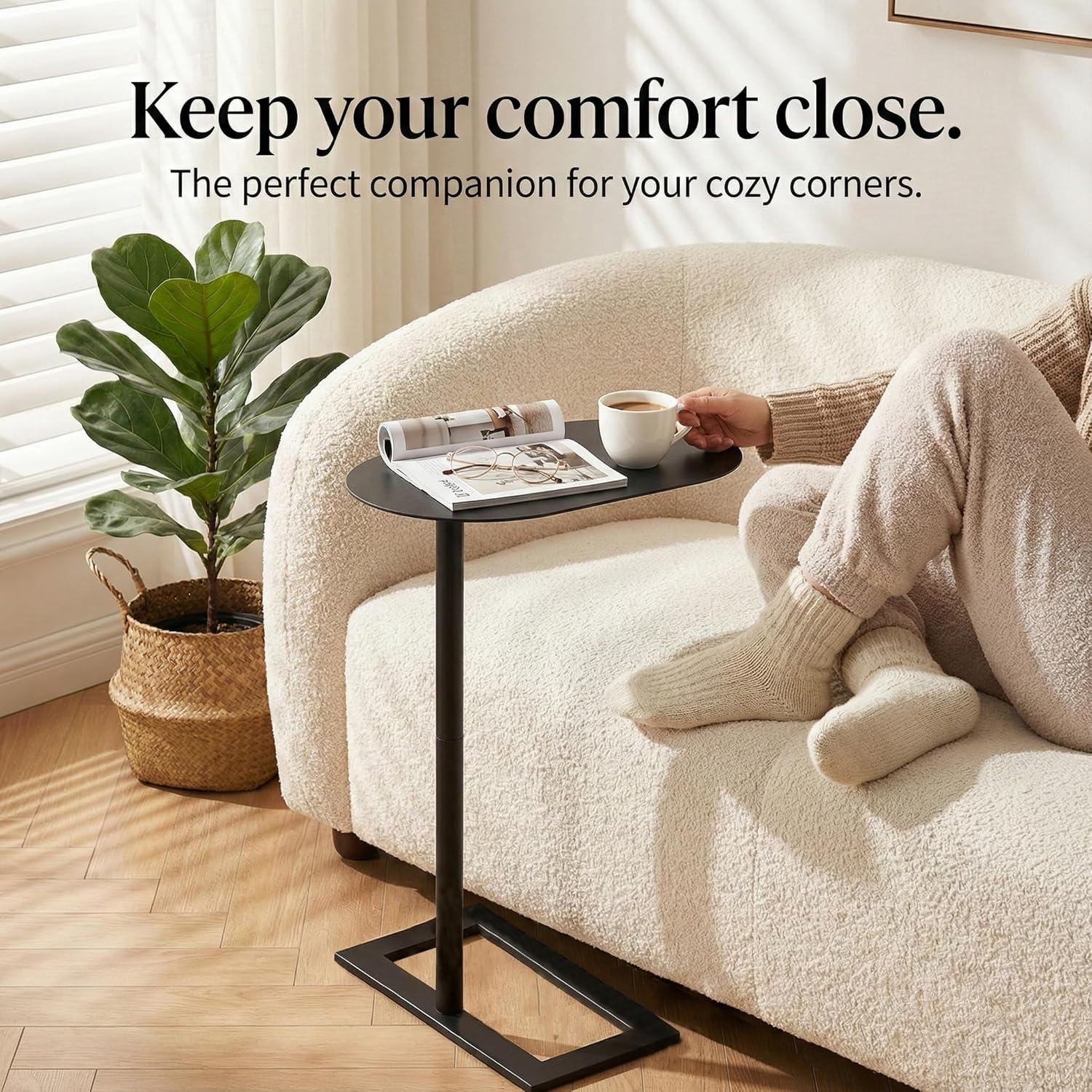 Stable C Table End Table, 27.5" Tall C Shaped Side Table That Slides Under Sofa, Slim Under Couch Table, Modern Industrial Coffee Tray Table for Living Room Bedroom (Large Black)