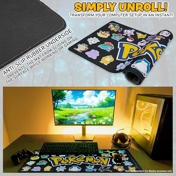 Pokemon Gaming Mouse Pad Pikachu Non Slip Large Desk Mat for PC Laptop Keyboard Mat 31x14 Inch Office Desk Accessories Anime Gifts (Black)