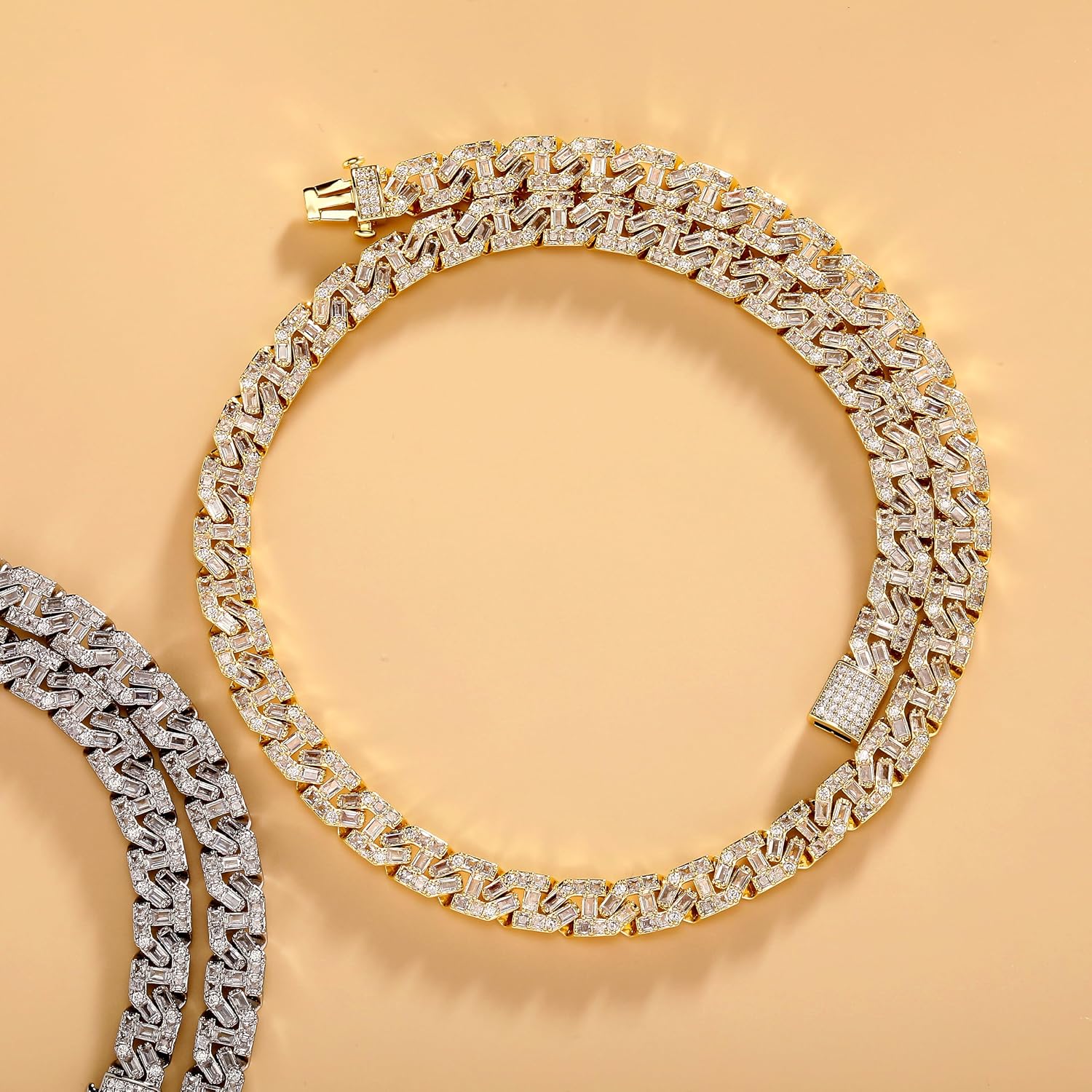 TOPGRILLZ Cuban Link Chain for Men Gold Jewelry Silver Baguette Diamond Miami Choker Necklace for Women 9mm Iced out 14K Gold Plated Gifts for Women
