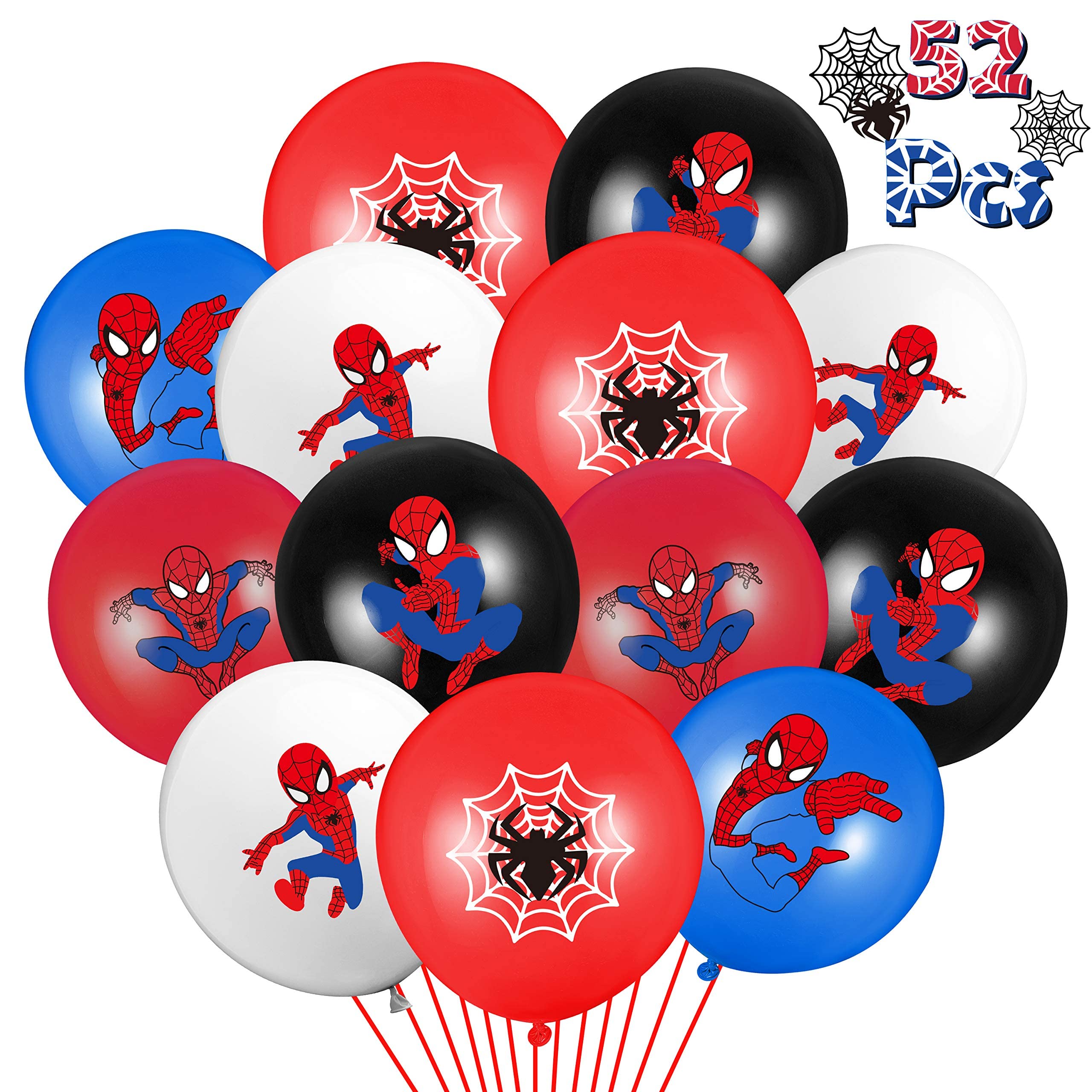 D2ucco 50 Packs Spider Superhero Birthday Balloons, 12Inch Blue Red Black Latex Balloons Bouquet with Ribbons, Superhero Party Favors Decorations Supplies for Kids Boys Birthday Party Baby Shower