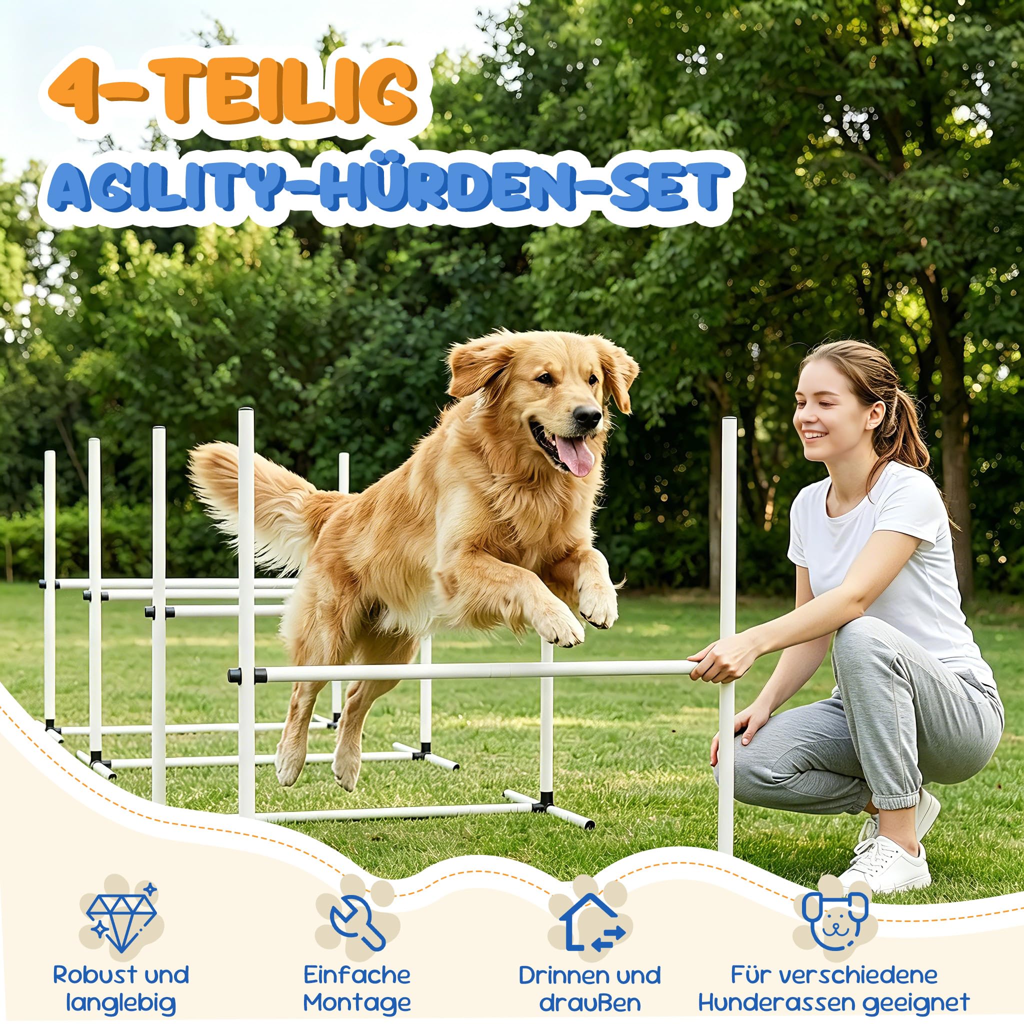 XMTECH 4-TLG. Hunde Agility Set Training Hundesport, Höhenverstellbar, Inklusive Tasche, PVC Hundetrainingsset, Weiß