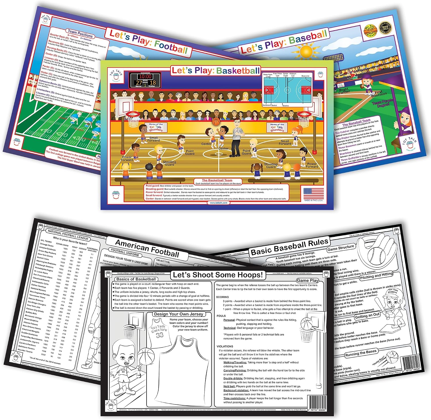 Tot Talk Sports Placemat 3-Pack | Baseball, Basketball & Football