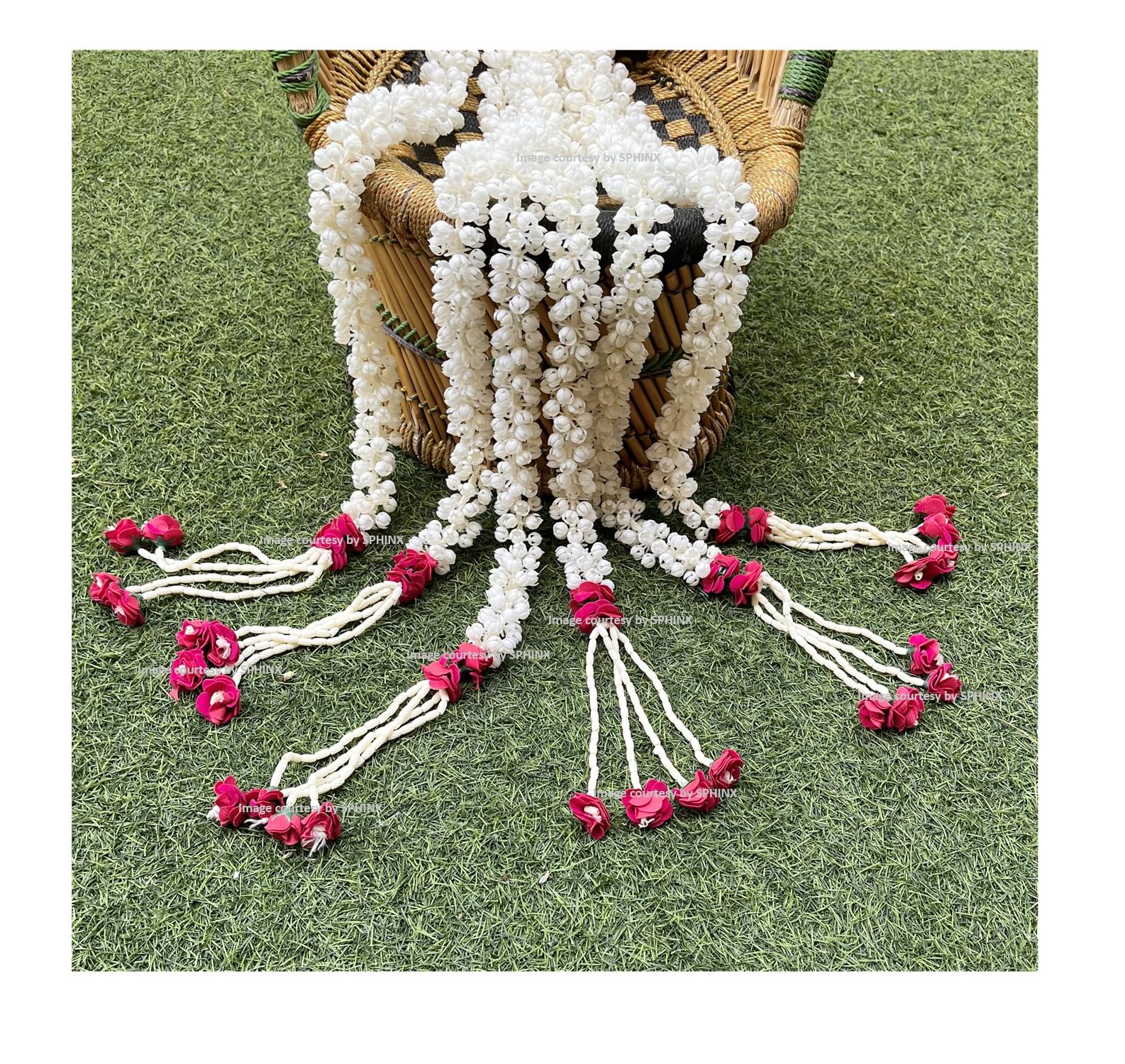 SPHINX Artificial Jasmine Buds & Clustered Rose Garland Strings–2.5 ft –Reusable, Long Lasting, Washable for Wedding, Diwali, Navratri, Ganesh Chaturthi, Mandir, Decor, Backdrop, Trousseau-(Dark Pink, 12 Pcs)
