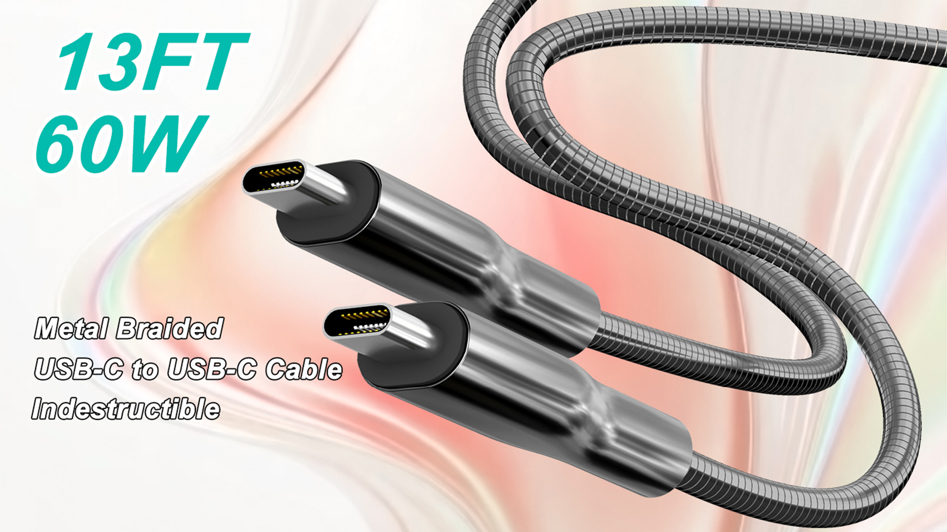 Image of 13FT Chew Proof Metal USB-C to USB C Cable - Extra Long USBC Cable 60W Fast Charging & Data, Indestructible Stainless Steel Braided Cat Dog Chew Proof Type C Cord for iPhone 17 /16 /15 /Galaxy /Pixel /iPad