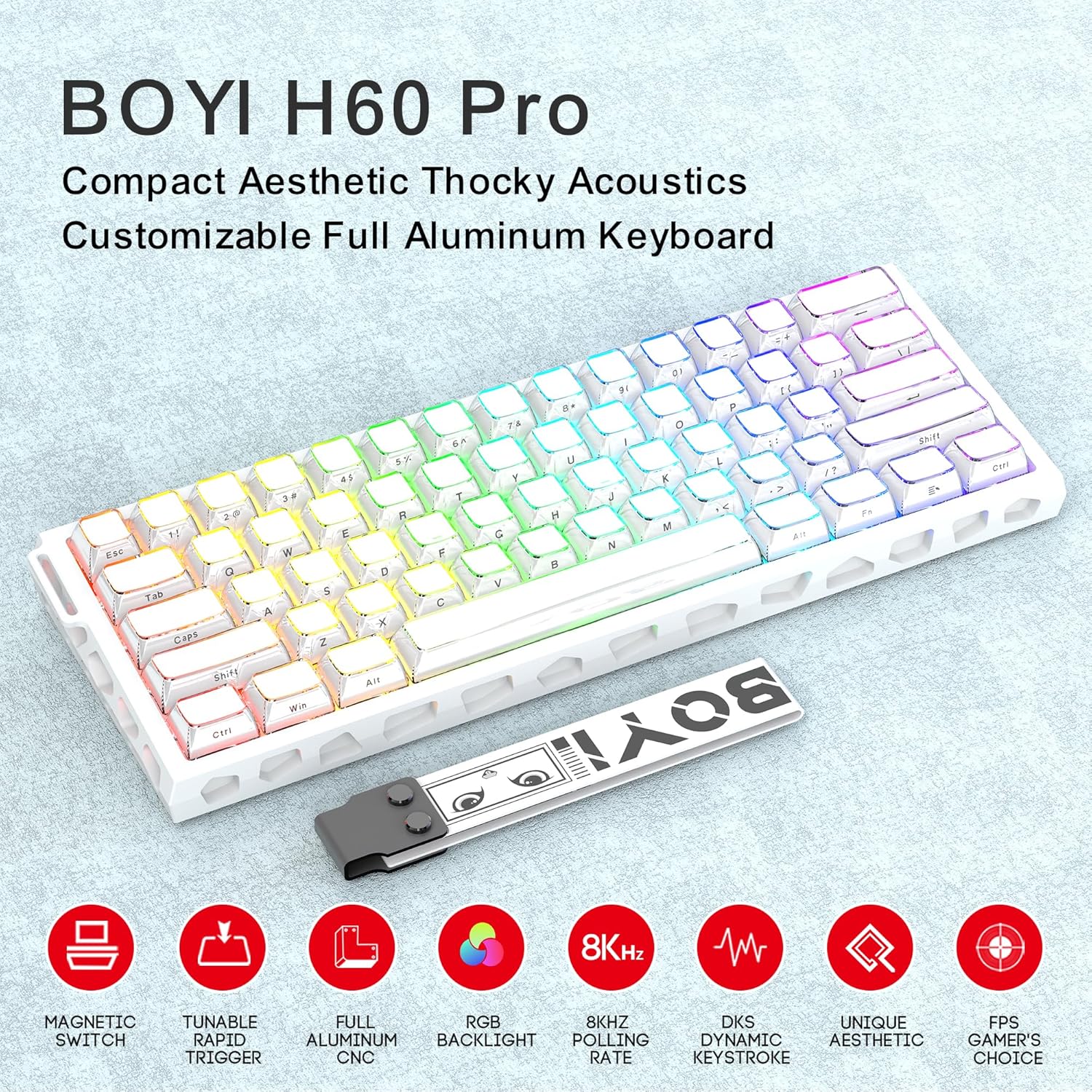 BOYI H60Pro Magnetic Switch Gaming Keyboard,60% Hollow Aluminum Hall Effect Rapid Trigger Hot-Swap 8K Polling Rate 0.01mm RT RGB Wired Mechanical Keyboard(White Crystal Jelly PBT Keycaps)