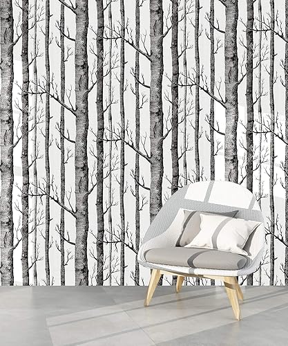 Miniatura 2 de MJ-SKY Papel tapiz extraíble de abedul para despegar y pegar, color blanco y negro, autoadhesivo, impermeable y a prueba de aceite, madera de 17.7 x