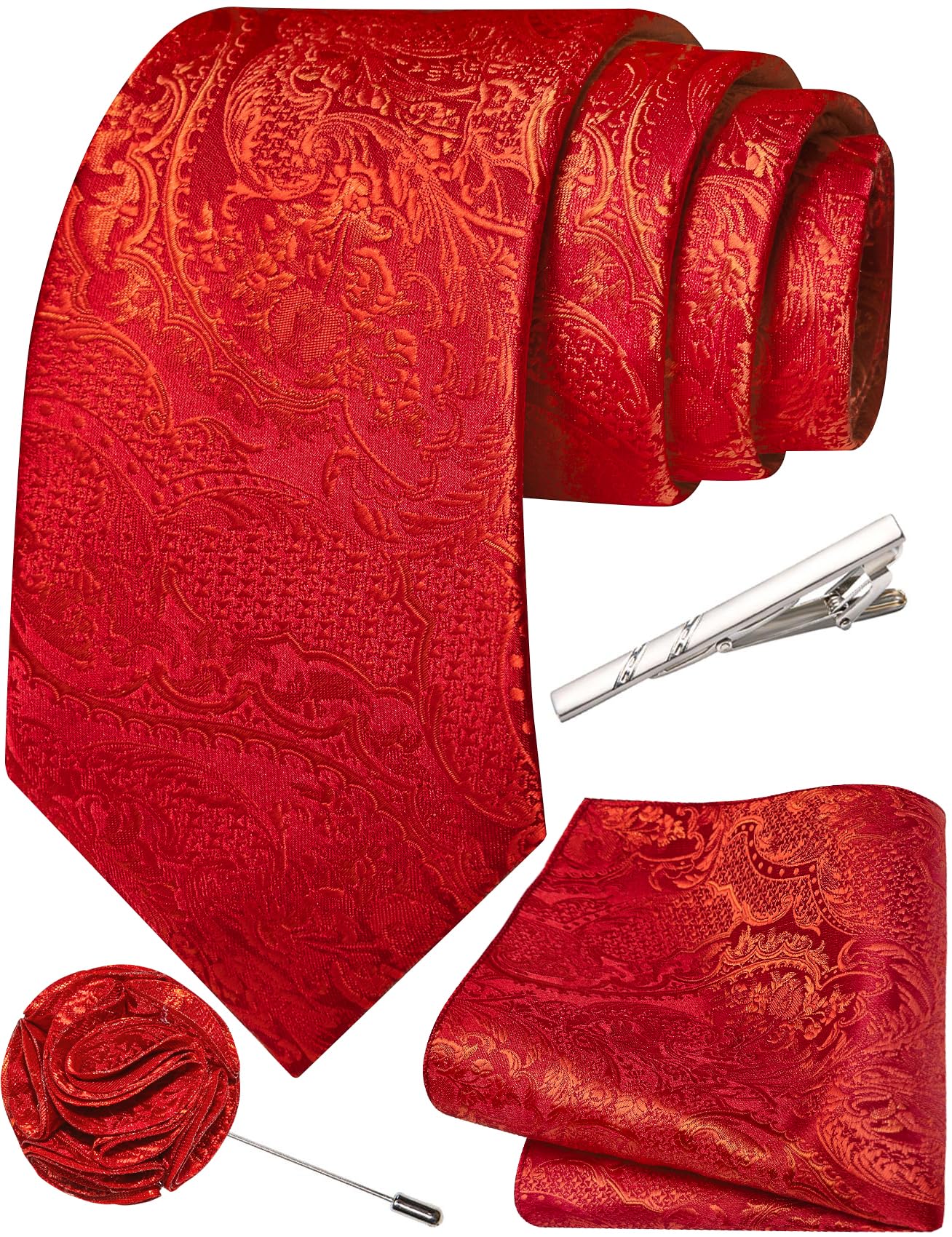 Unique Paisley Ties for Men Silk Neck Tie and Pocket Square Set with Tie Clip Lapel Pin Wedding Formal