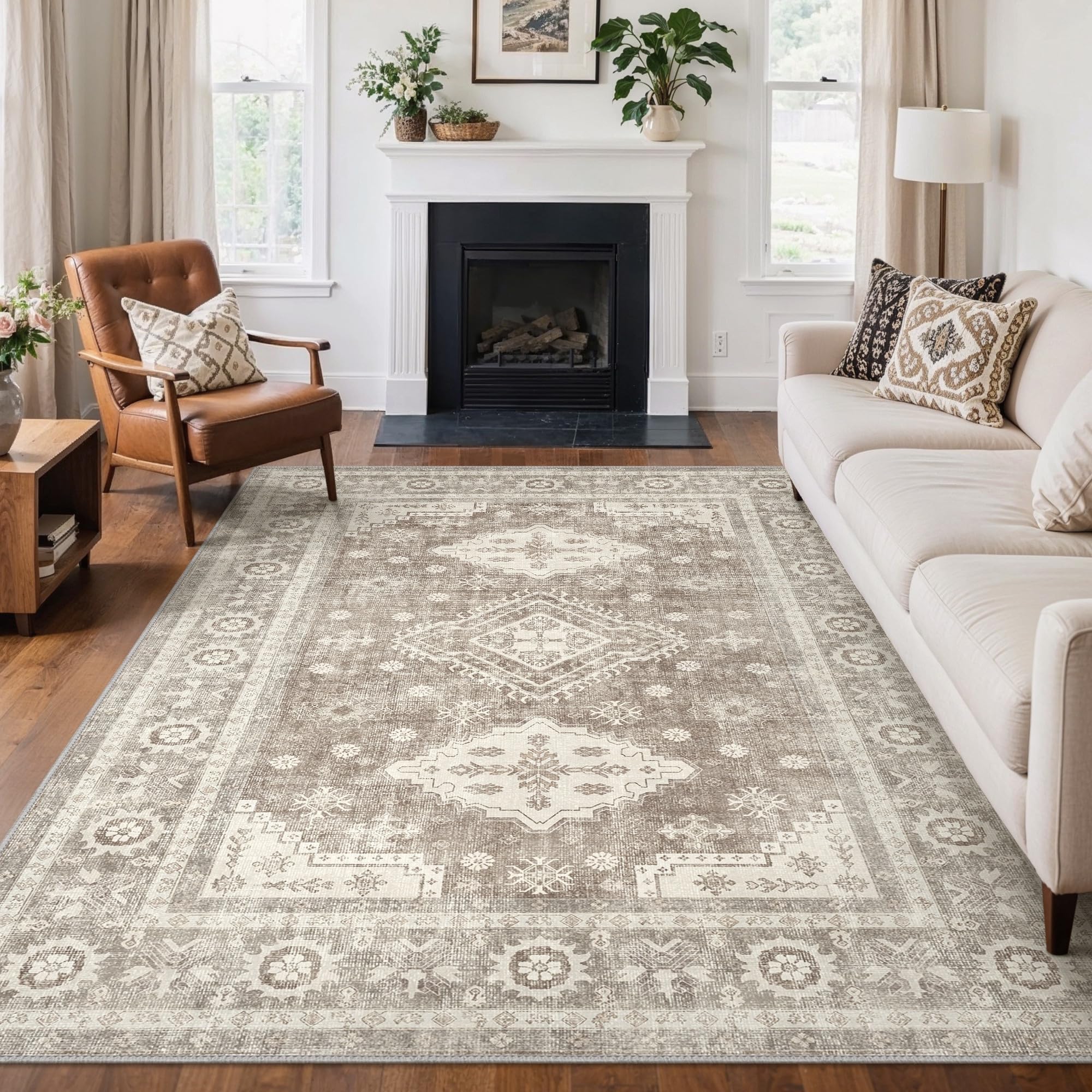 GENIMO Rugs Living Room 160x230cm Large Washable Rug Vintage Carpet with Non Slip Backing Floral Print Carpet for Bedroom Dining Room Home Office,Brown — image 1