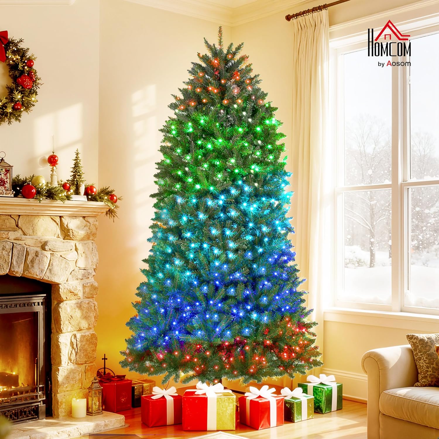 homcom 7.5ft smart prelit christmas tree with full-spectrum rgb dimmable leds, app and remote control, wide full hinged xmas tree, easy assembly, artificial holiday decoration, green