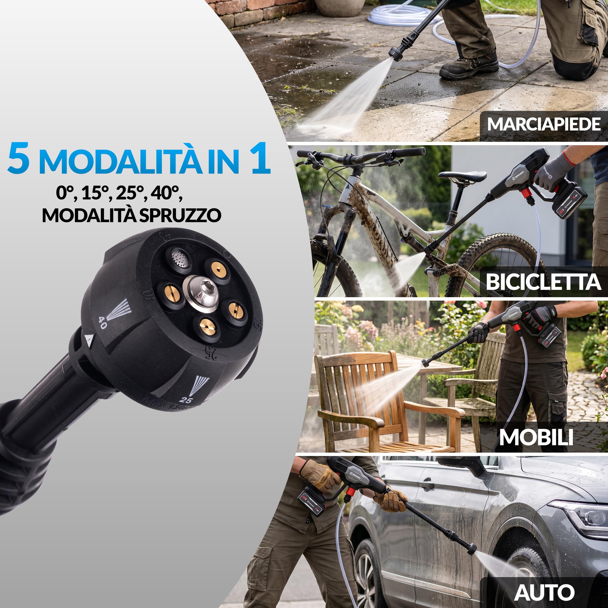 LEHMANN STREAM Mini Idropulitrice Portatile a Batteria 20V Max con Batteria 4Ah, Idropulitrice Autoadescante con Lancia 5 in 1, Tubo 6 m e Schiumatore per Auto e Terrazzo