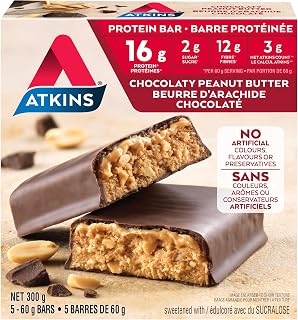Atkins Protein Bars - Chocolaty Peanut Butter, Low Sugar, Keto Friendly, High Protein, High Fibre, 2g Sugar, 3g Carbs, 5ct