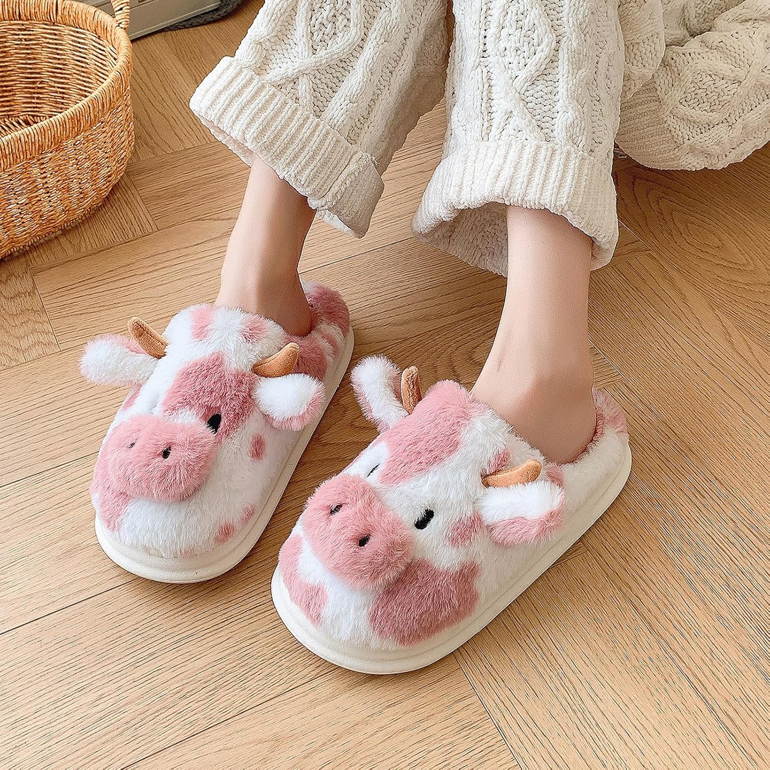 Cow Slippers for Women, Adults Print Cartoon Fuzzy Cute Bedroom House Shoes with Memory Foam for Winter, Fluffy Thick Cozy Kawaii Slides - Image 2