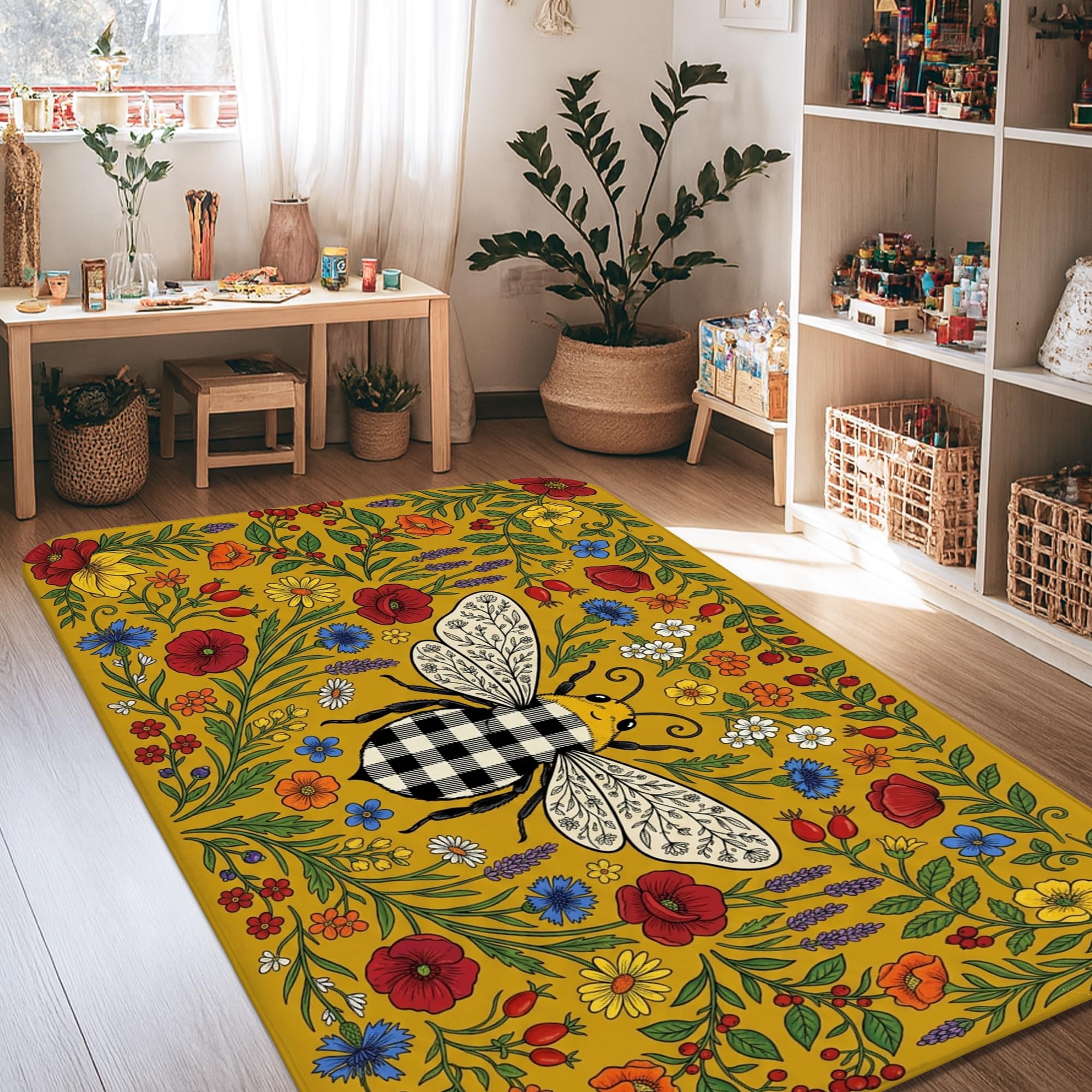 Alfombra de área de abejas para salón: alfombras estéticas de flores amarillas