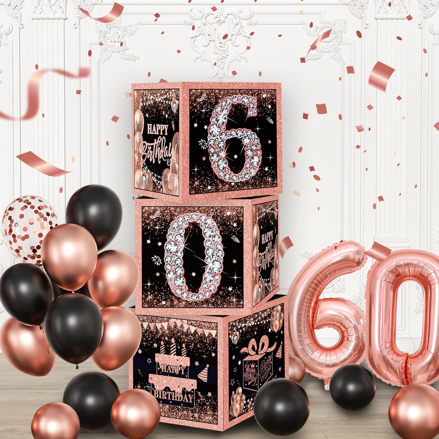 Rose Gold 60th birthday decorations for woman,birthday Decorations for Women Girls black and pink Balloon Boxes Birthday Party Favors image 3