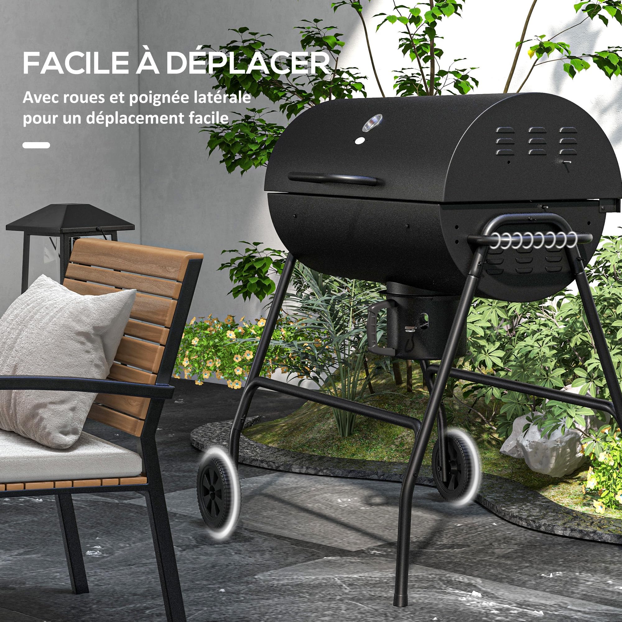 Outsunny Barbacoa de carbón vegetal con tapa, barbacoa de carbón de leña de gran tamaño con rejilla y termómetro, barbacoa con ruedas, asa, para jardín, patio, 95 x 71,5 x 102 cm, negro