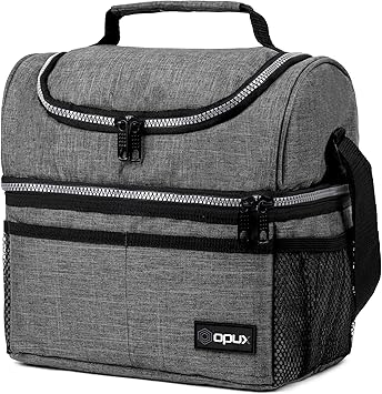 opux Insulated Lunch Bag for Men Women, Double Decker Leakproof Lunch Box Cooler Tote with Shoulder Strap, Large Lunchbox for Work School Travel Meal Prep, Adults Kids Boys Girls, Gray, 16 Cans