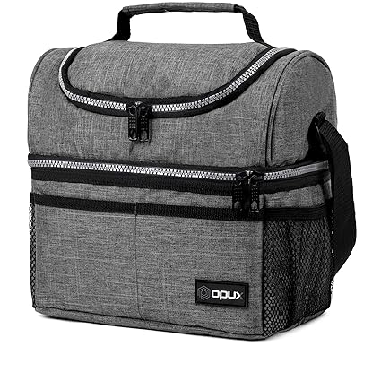 Thermal Insulated Dual Compartment Lunch Bag for Men, Women | Double Deck Reusable Lunch Box with Shoulder Strap, Leakproof Liner | Medium Lunch Box for School, Work, Office (Heather Gray)