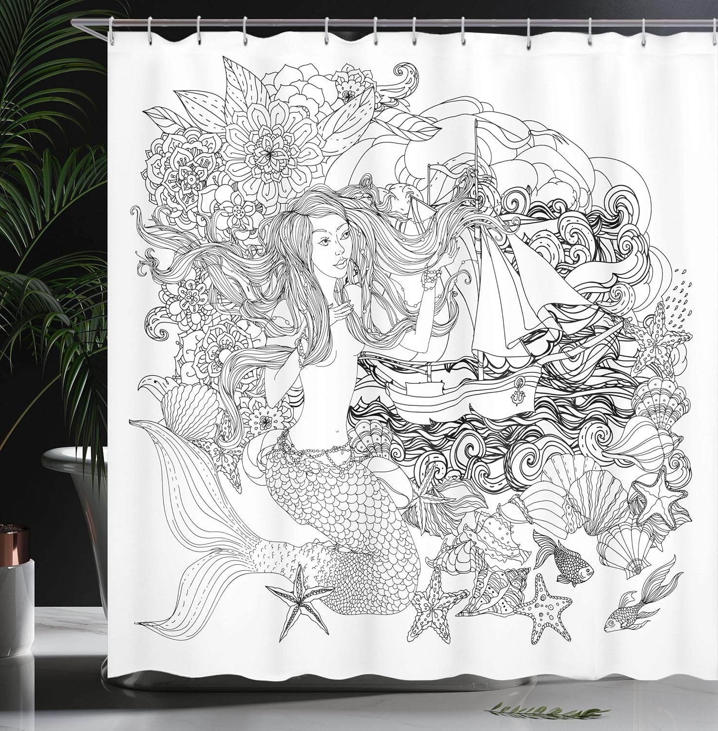 Ambesonne Underwater Shower Curtain, Mermaid with Abstract Hair Flowers Leaves Sailboat Waves Fish Black and White, Cloth Fabric Bathroom Decor Set with Hooks, 69" W x 70" L, White Black